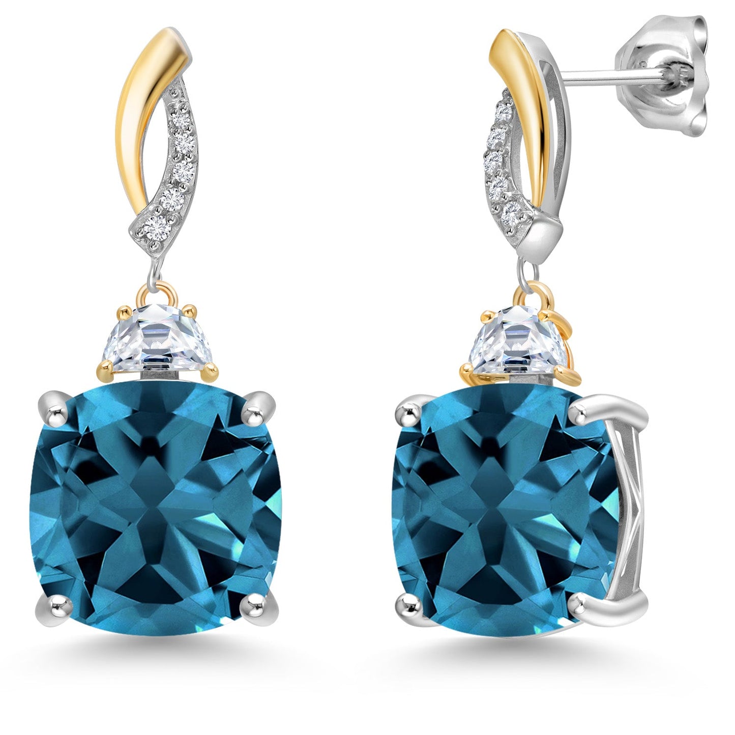 925 Silver and 10K Yellow Gold Cushion 12MM Gemstone Birthstone 5X3MM Half Moon Moissanite and White Lab Grown Diamond Dangle Earrings for Women