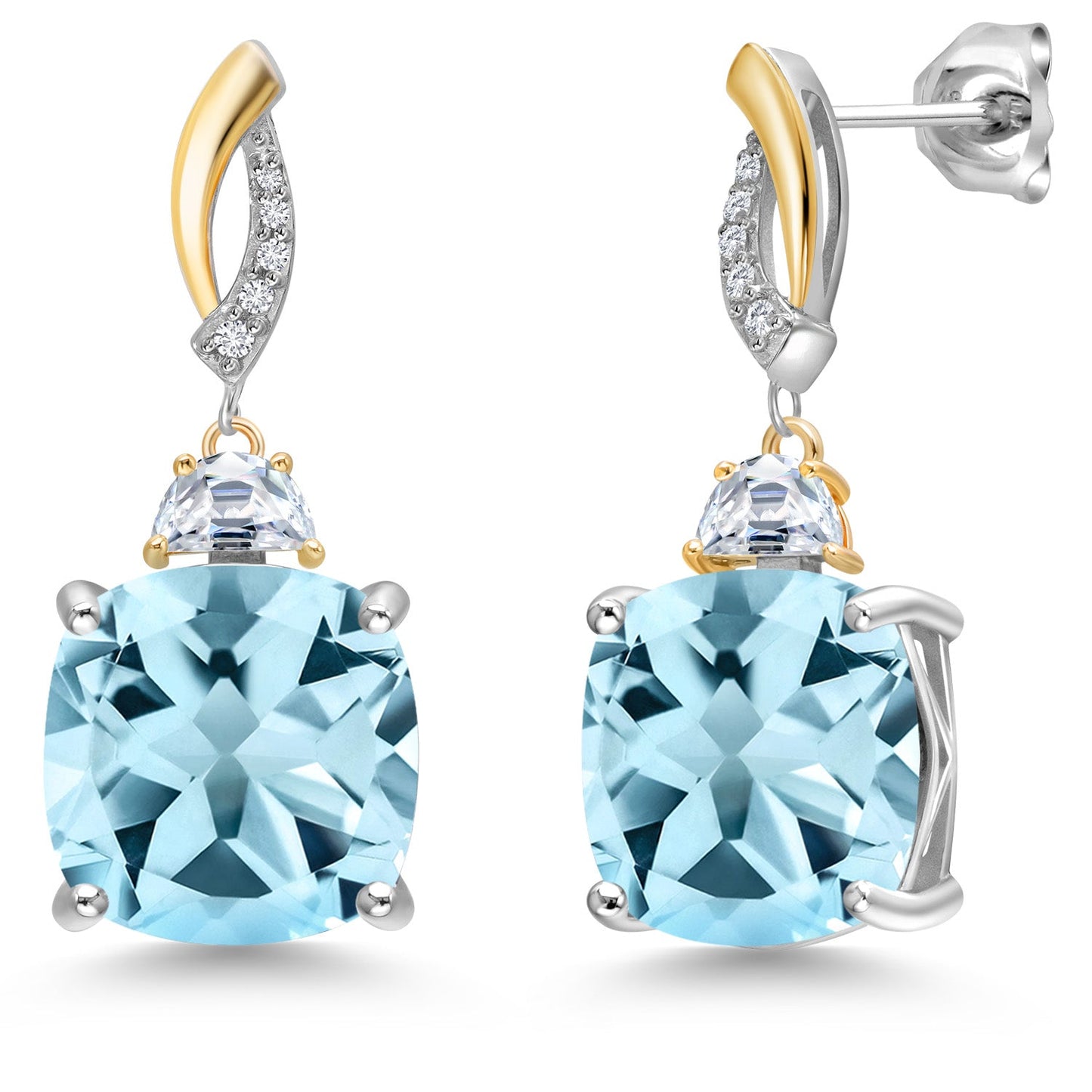 925 Silver and 10K Yellow Gold Cushion 12MM Gemstone Birthstone 5X3MM Half Moon Moissanite and White Lab Grown Diamond Dangle Earrings for Women