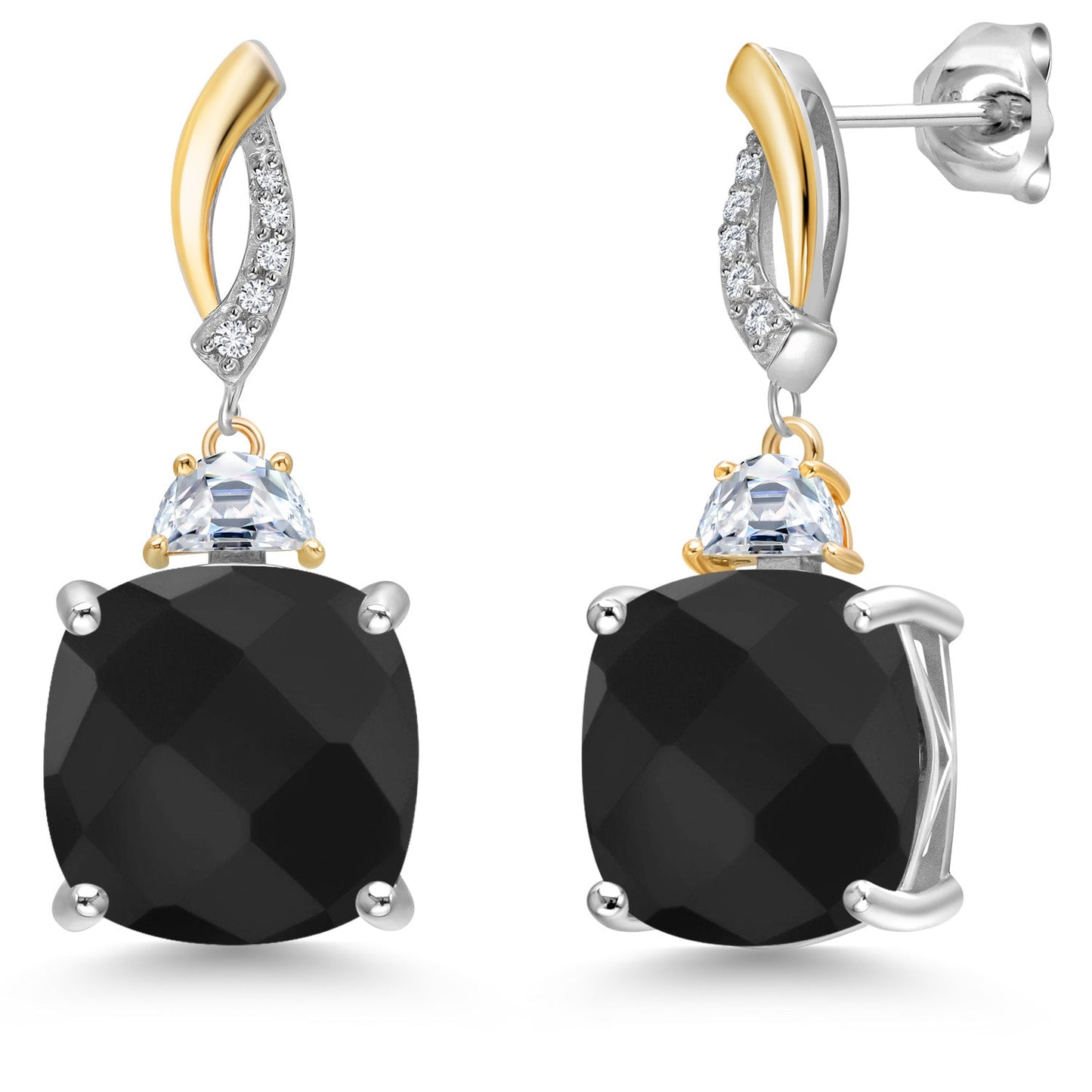 925 Silver and 10K Yellow Gold Cushion 12MM Gemstone Birthstone 5X3MM Half Moon Moissanite and White Lab Grown Diamond Dangle Earrings for Women