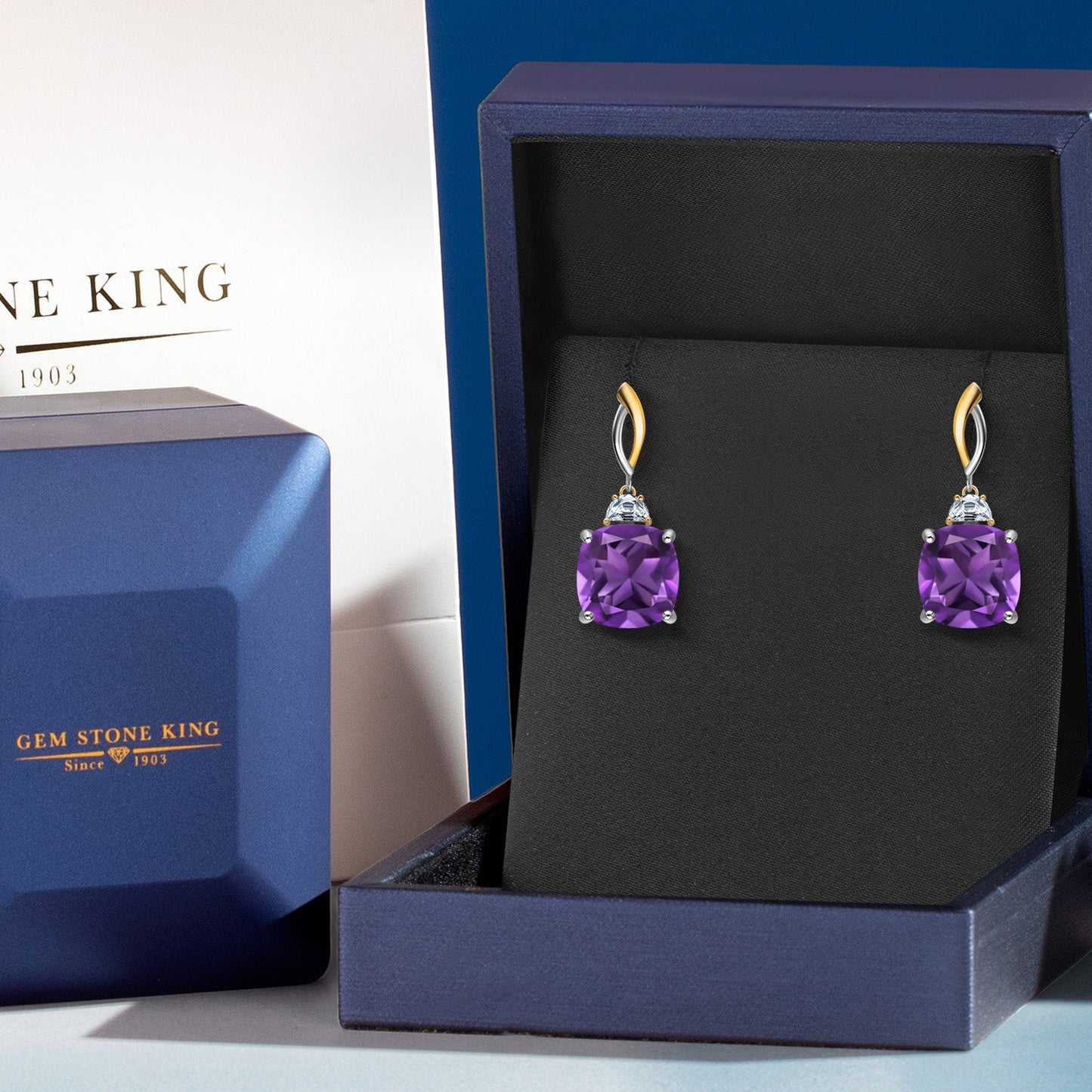 925 Silver and 10K Yellow Gold 12MM Cushion Gemstone Birthstone and Half Moon White Moissanite Drop Dangle Earrings For Women