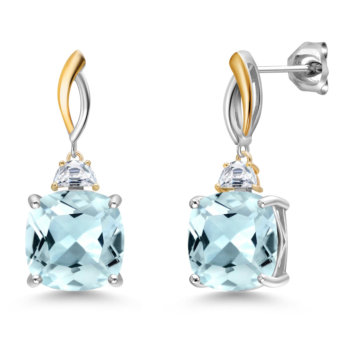 925 Silver and 10K Yellow Gold 12MM Cushion Gemstone Birthstone and Half Moon White Moissanite Drop Dangle Earrings For Women