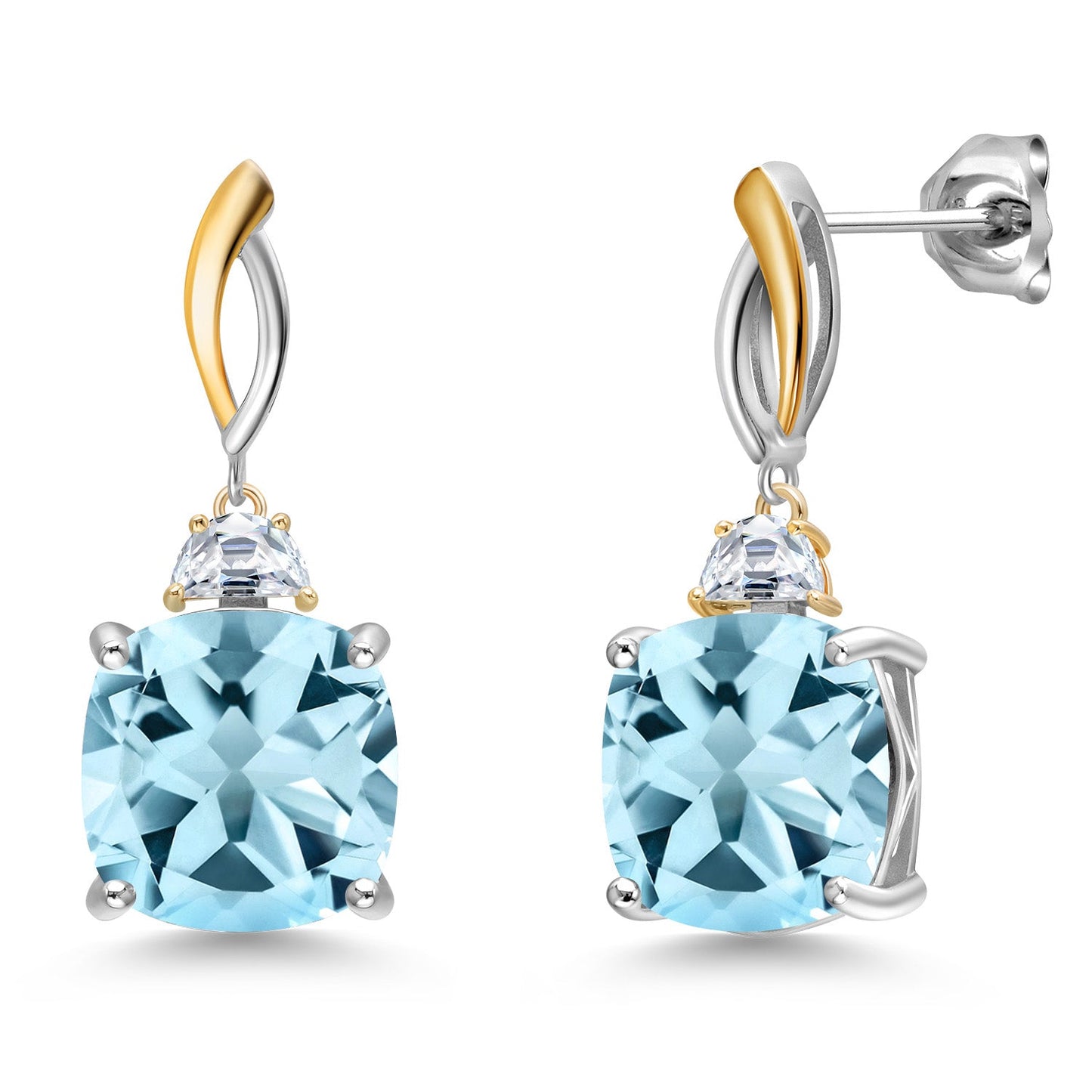925 Silver and 10K Yellow Gold 12MM Cushion Gemstone Birthstone and Half Moon White Moissanite Drop Dangle Earrings For Women