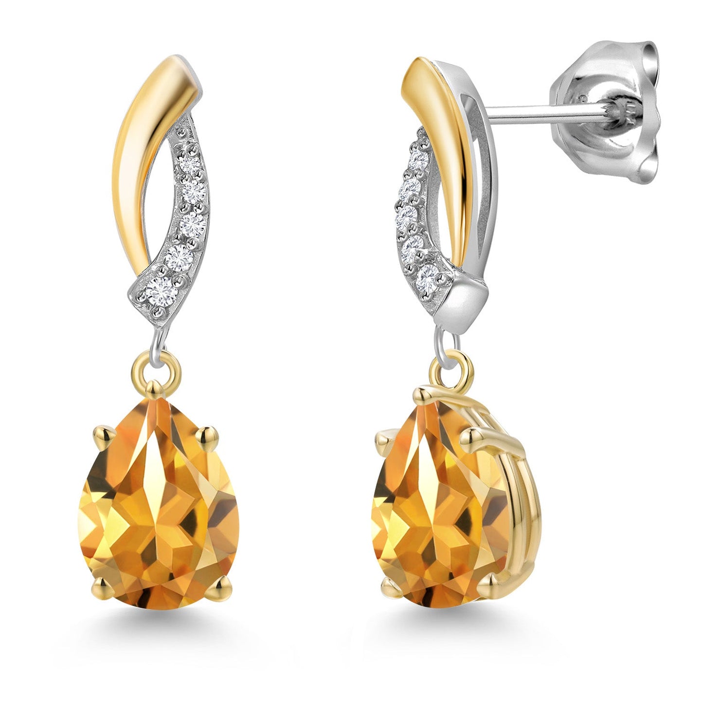 925 Silver and 10K Yellow Gold 8X6MM Pear Shape Gemstone Birthstone and White Lab Grown Diamond Teardrop Dangle Earrings for Women