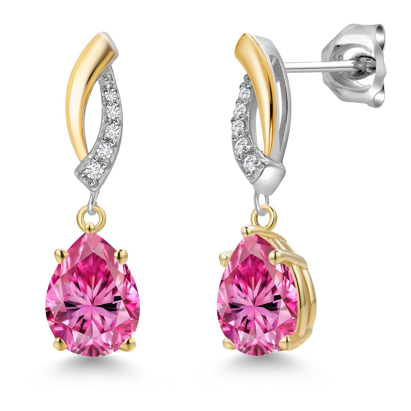 925 Silver and 10K Yellow Gold 8X6MM Pear Shape Gemstone Birthstone and White Lab Grown Diamond Teardrop Dangle Earrings for Women