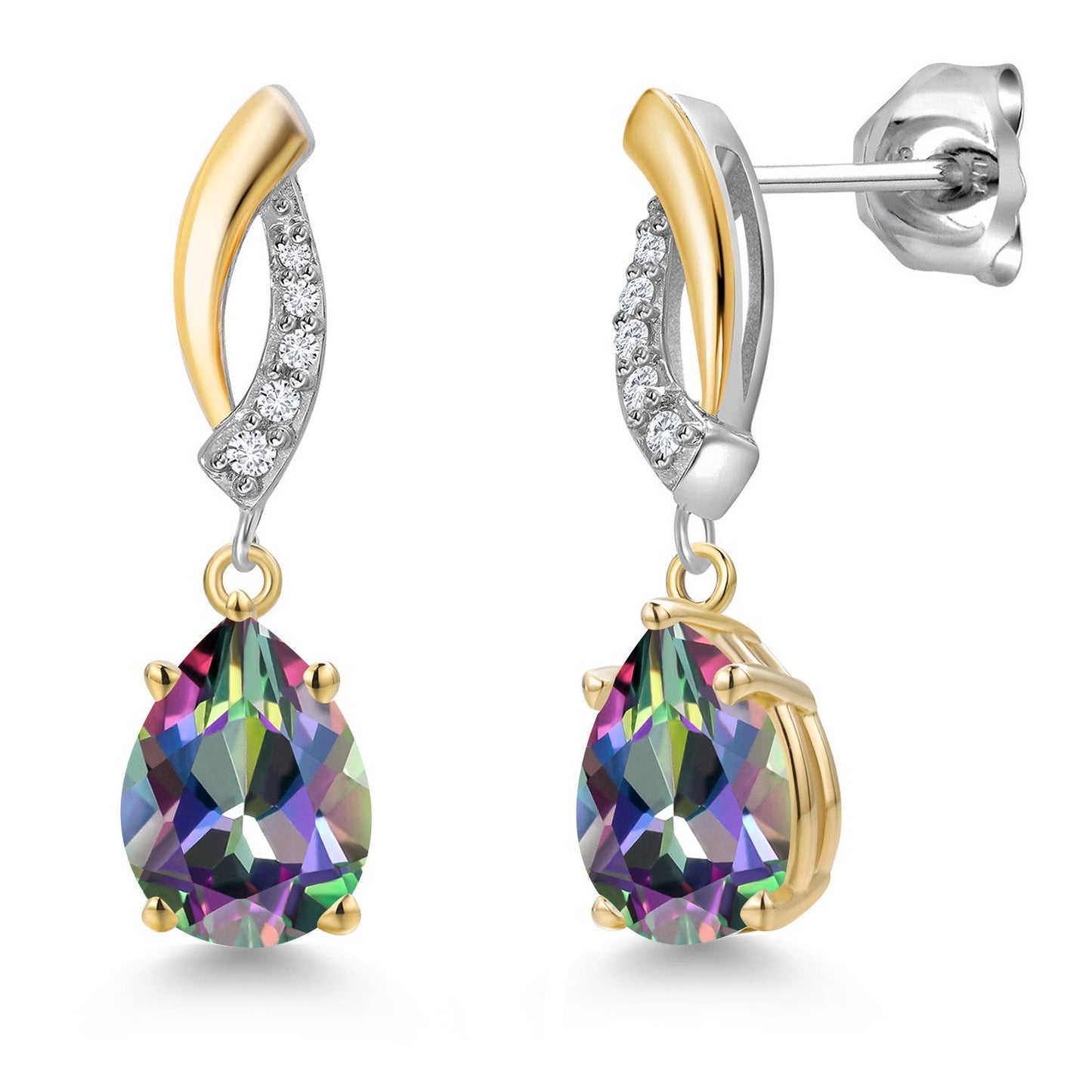925 Silver and 10K Yellow Gold 8X6MM Pear Shape Gemstone Birthstone and White Lab Grown Diamond Teardrop Dangle Earrings for Women