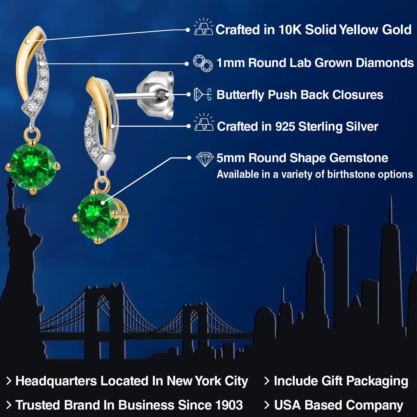 925 Silver and 10K Yellow Gold 5MM Round Gemstone Birthstone and White Lab Grown Diamond Drop Dangle Earrings for Women