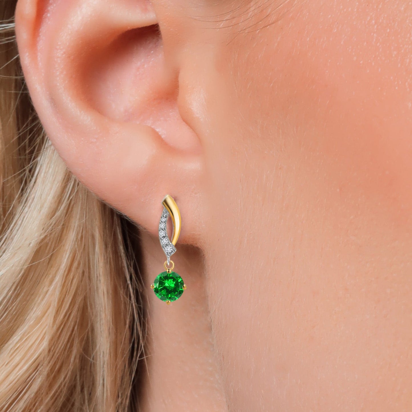 925 Silver and 10K Yellow Gold 5MM Round Gemstone Birthstone and White Lab Grown Diamond Drop Dangle Earrings for Women