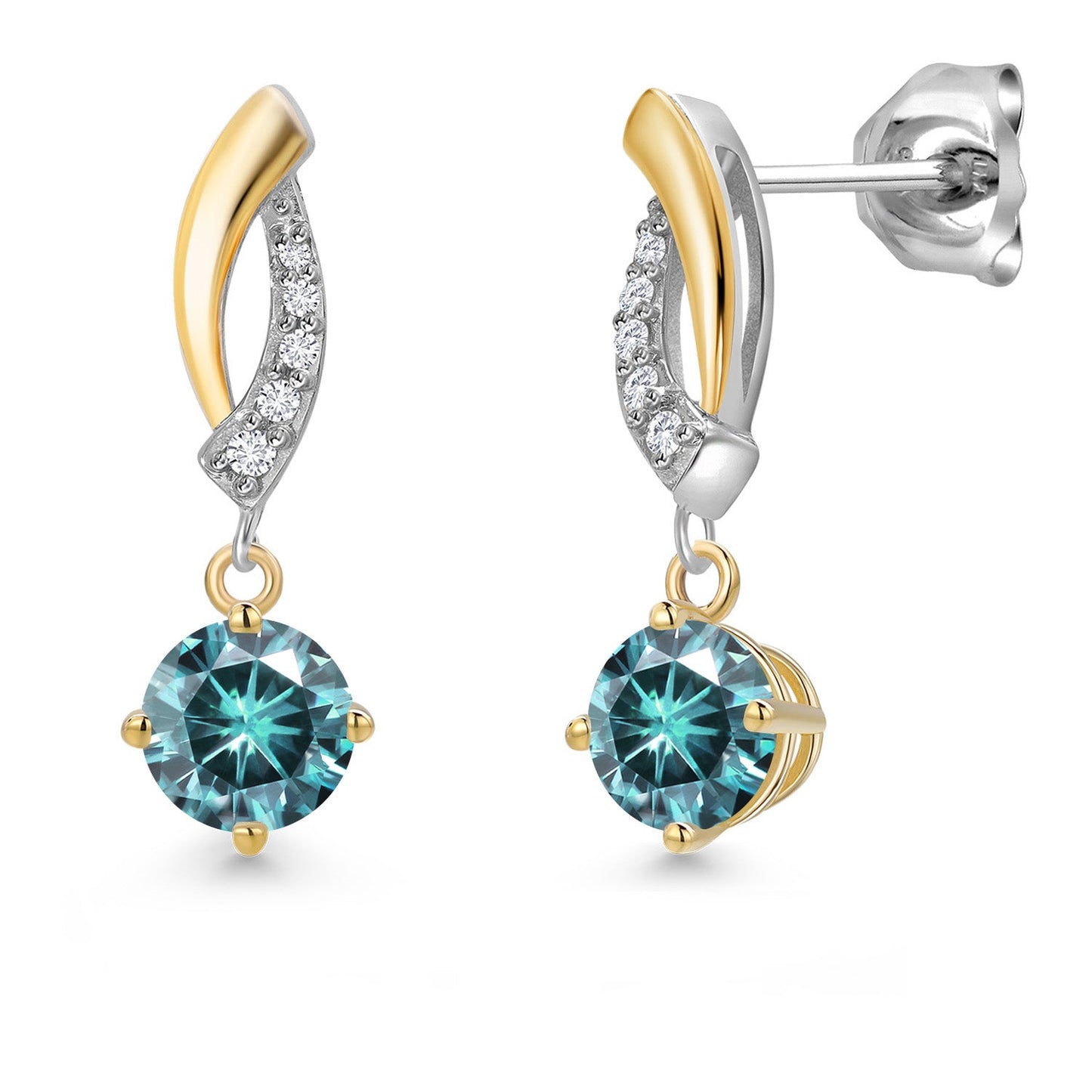 925 Silver and 10K Yellow Gold 5MM Round Gemstone Birthstone and White Lab Grown Diamond Drop Dangle Earrings for Women