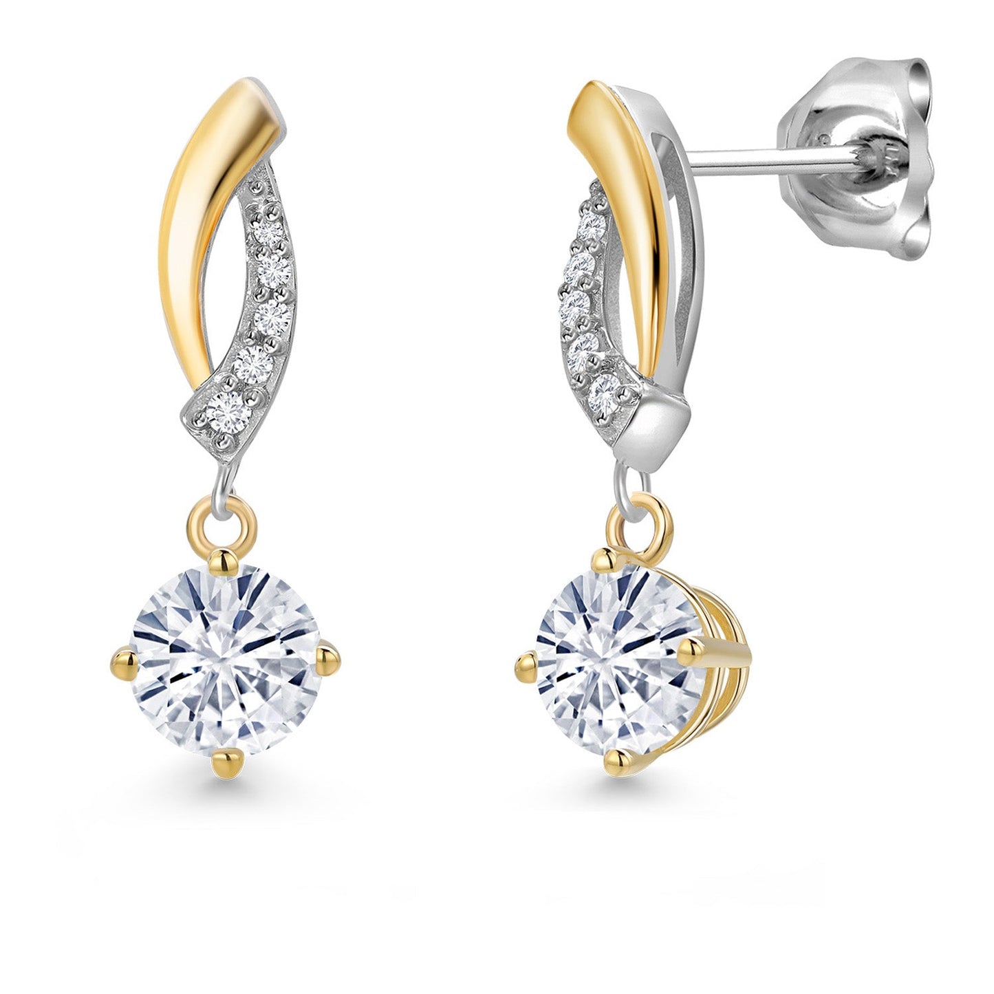 925 Silver and 10K Yellow Gold 5MM Round Gemstone Birthstone and White Lab Grown Diamond Drop Dangle Earrings for Women