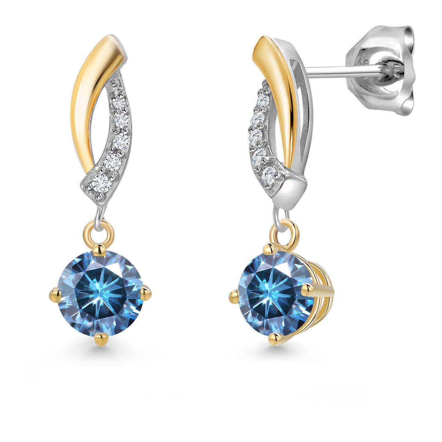 925 Silver and 10K Yellow Gold 5MM Round Gemstone Birthstone and White Lab Grown Diamond Drop Dangle Earrings for Women