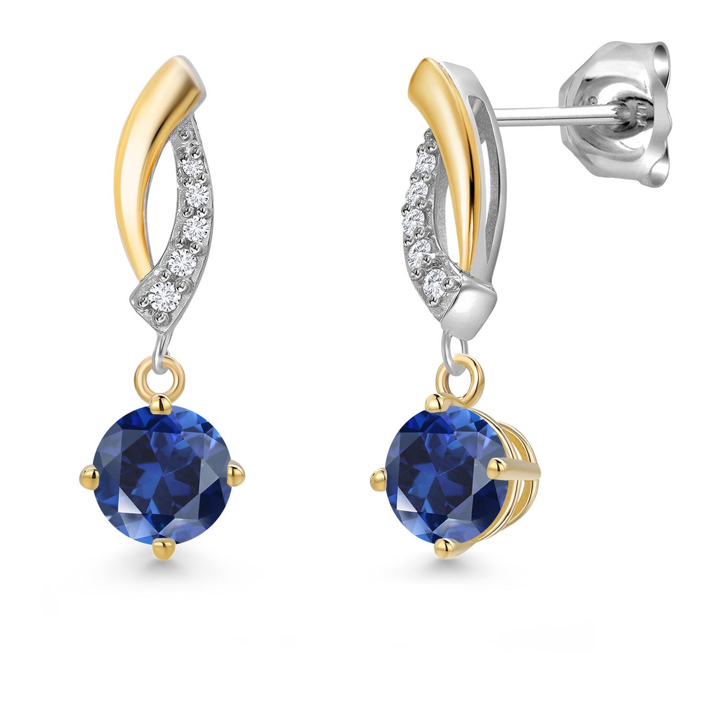 925 Silver and 10K Yellow Gold 5MM Round Gemstone Birthstone and White Lab Grown Diamond Drop Dangle Earrings for Women