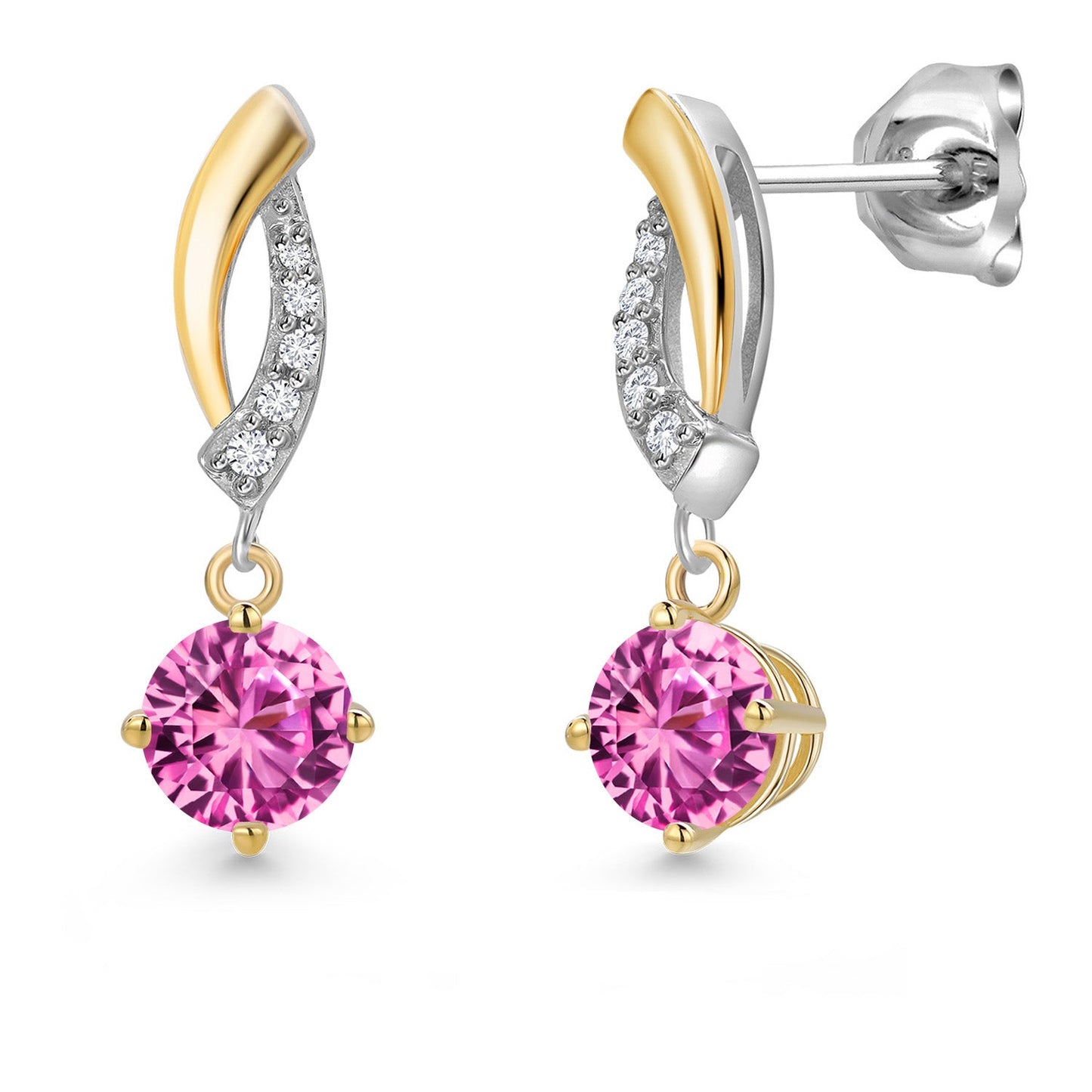 925 Silver and 10K Yellow Gold 5MM Round Gemstone Birthstone and White Lab Grown Diamond Drop Dangle Earrings for Women