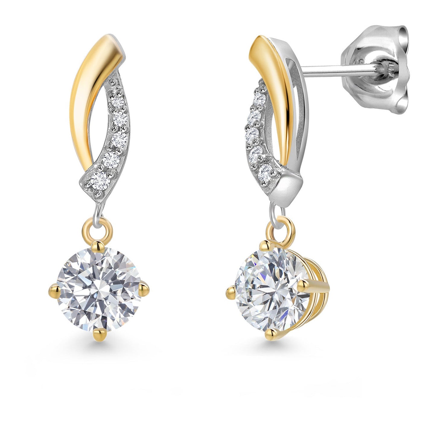 925 Silver and 10K Yellow Gold 5MM Round Gemstone Birthstone and White Lab Grown Diamond Drop Dangle Earrings for Women