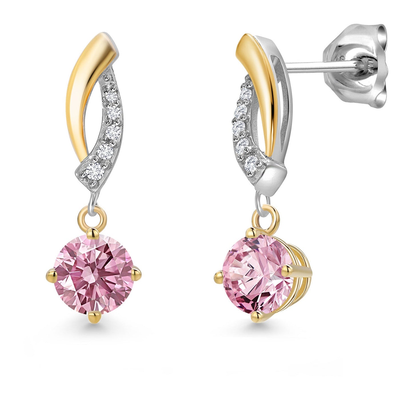 925 Silver and 10K Yellow Gold 5MM Round Gemstone Birthstone and White Lab Grown Diamond Drop Dangle Earrings for Women