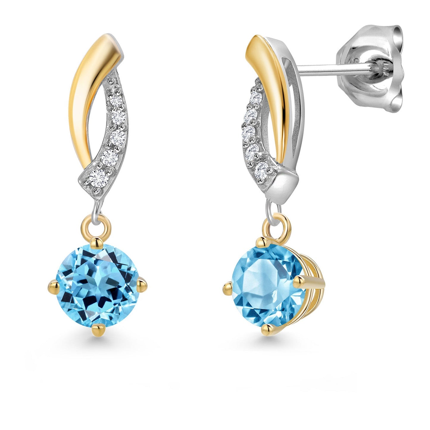 925 Silver and 10K Yellow Gold 5MM Round Gemstone Birthstone and White Lab Grown Diamond Drop Dangle Earrings for Women