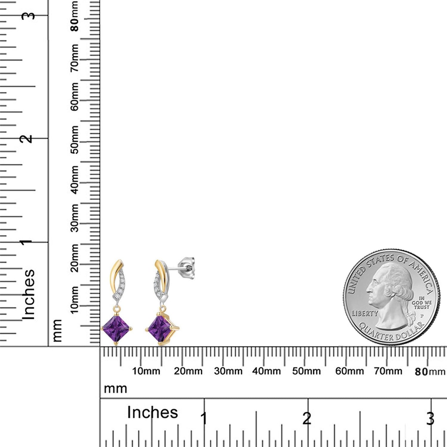 925 Silver and 10K Yellow Gold 5MM Princess Cut Gemstone Birthstone and White Lab Grown Diamond Dangle Earrings for Women