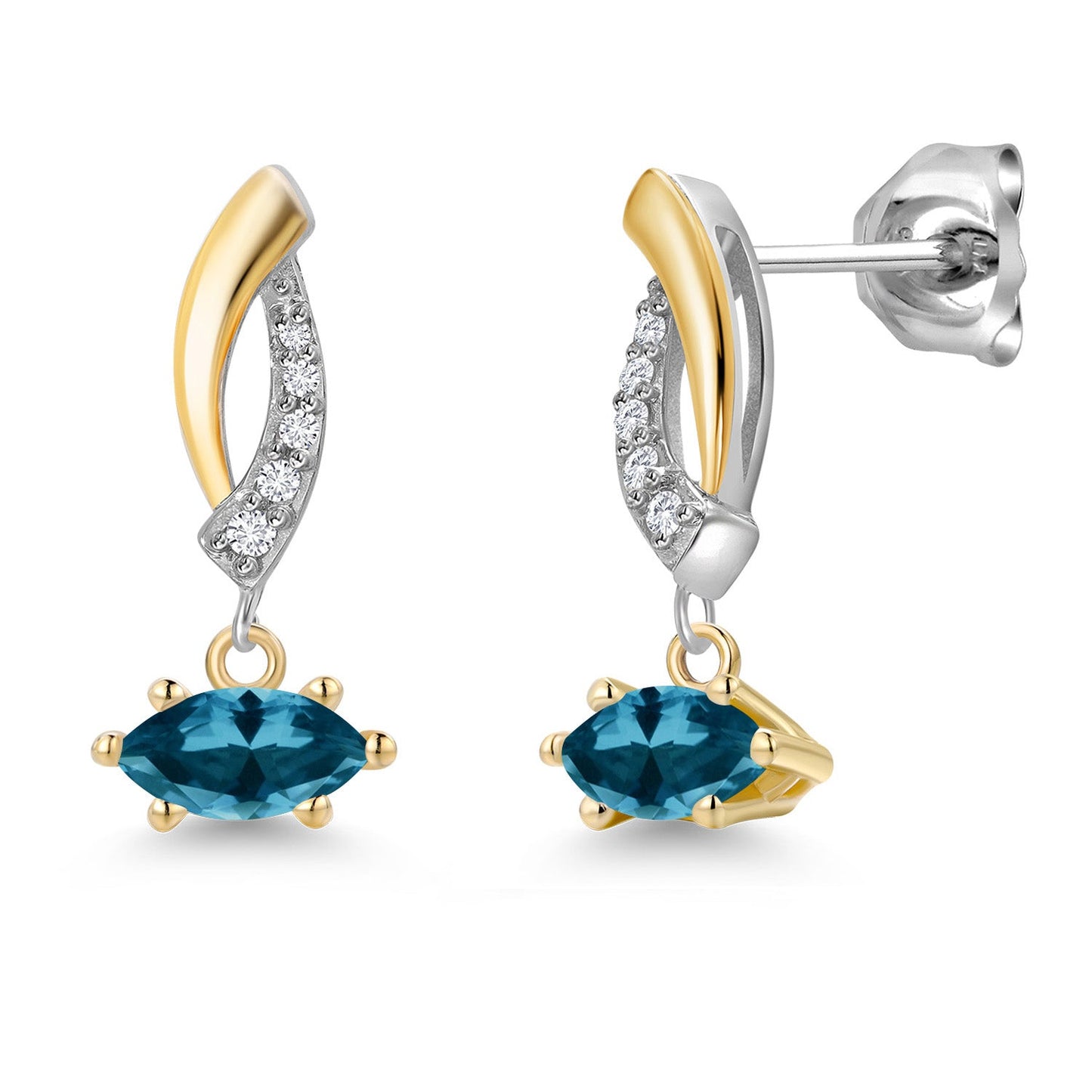 925 Silver and 10K Yellow Gold 6X3MM Marquise Gemstone Birthstone and White Lab Grown Diamond Drop Dangle Earrings for Women