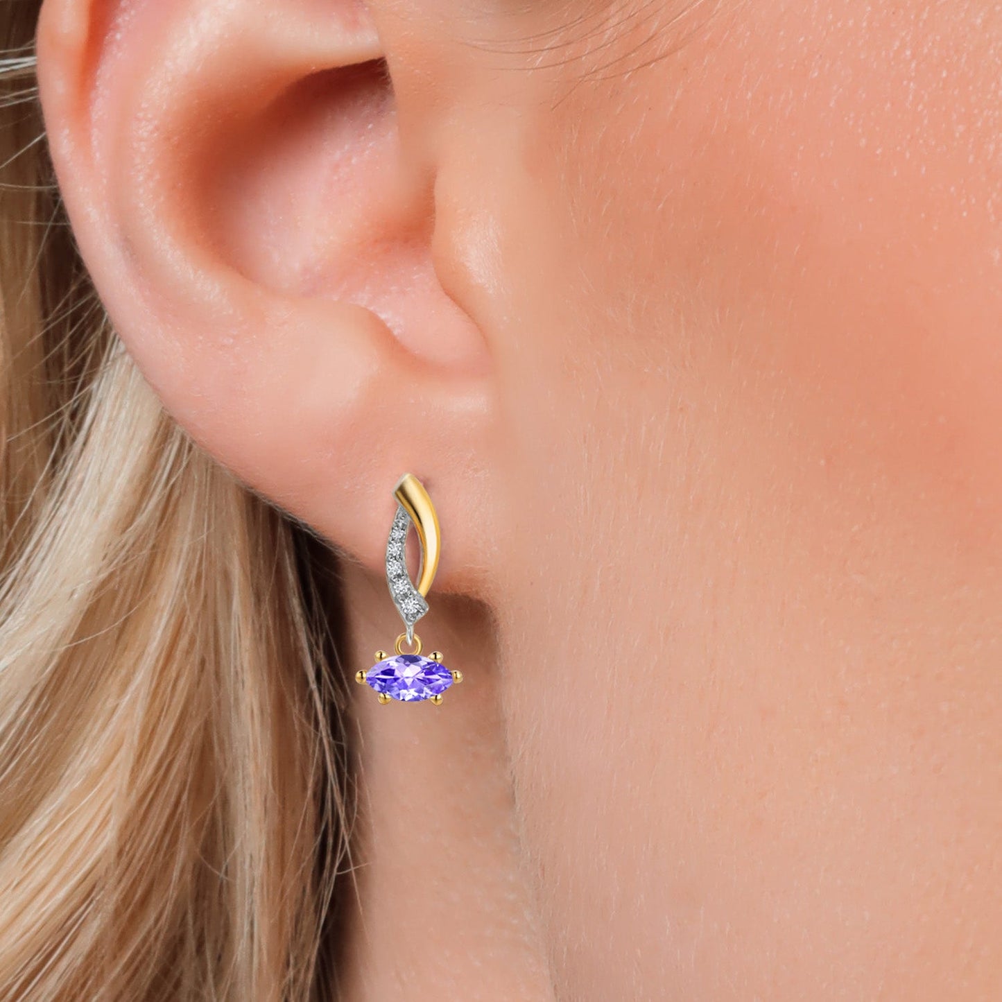 925 Silver and 10K Yellow Gold 6X3MM Marquise Gemstone Birthstone and White Lab Grown Diamond Drop Dangle Earrings for Women