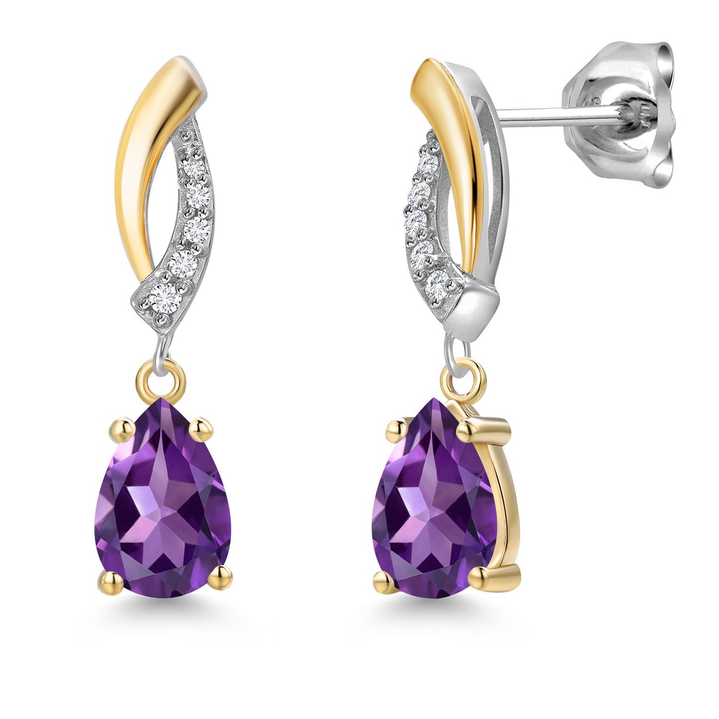 Teardrop Dangle Earrings for Women In 925 Silver and 10K Yellow Gold | Gemstone Birthstone and White Lab Grown Diamond | 7X5MM Pear Shape