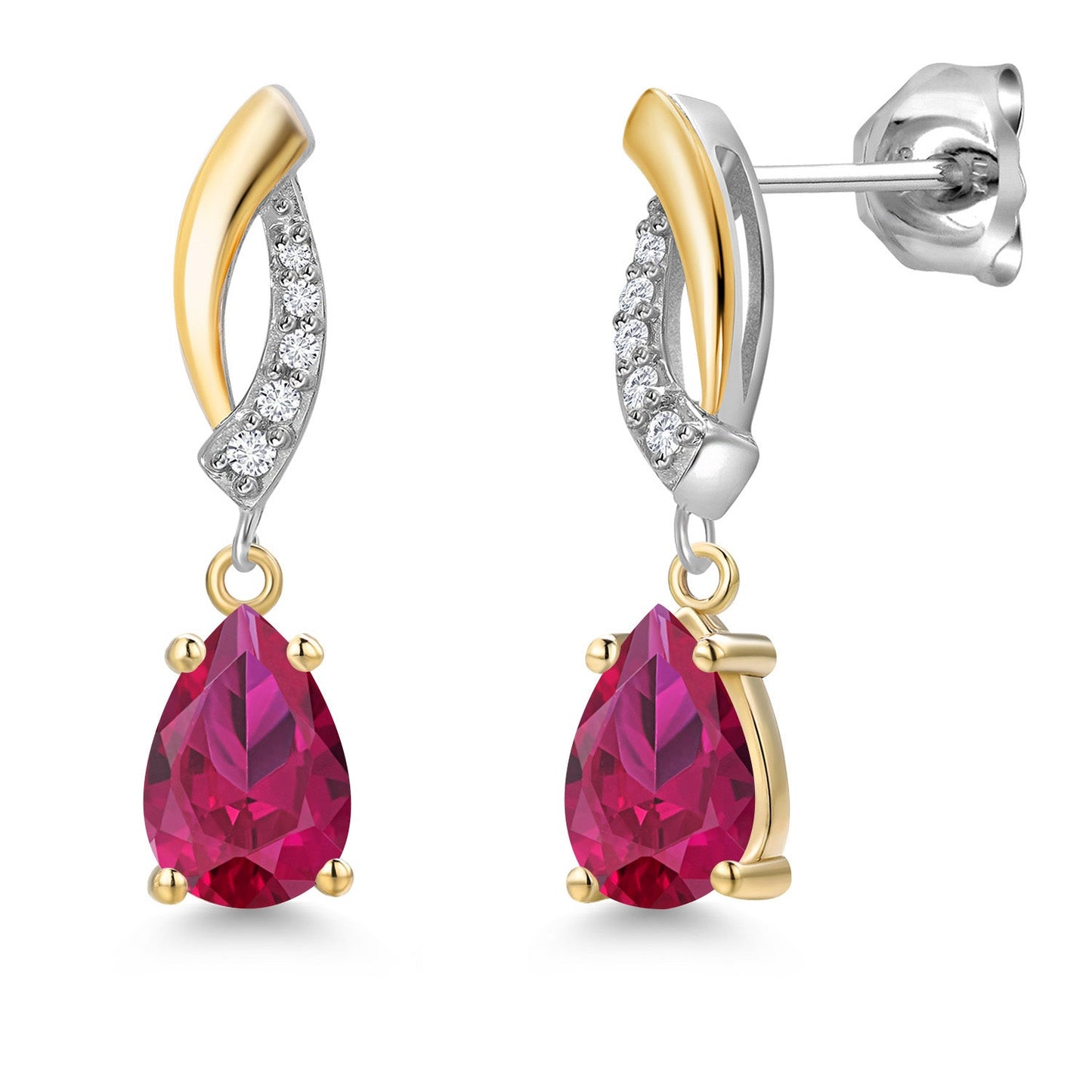 Teardrop Dangle Earrings for Women In 925 Silver and 10K Yellow Gold | Gemstone Birthstone and White Lab Grown Diamond | 7X5MM Pear Shape