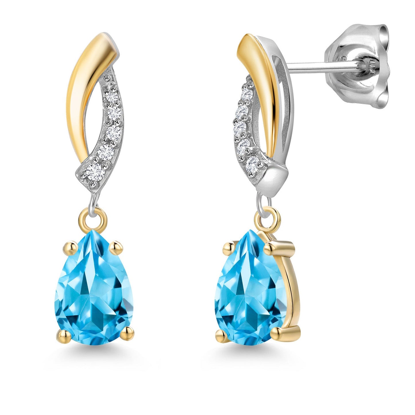 Teardrop Dangle Earrings for Women In 925 Silver and 10K Yellow Gold | Gemstone Birthstone and White Lab Grown Diamond | 7X5MM Pear Shape