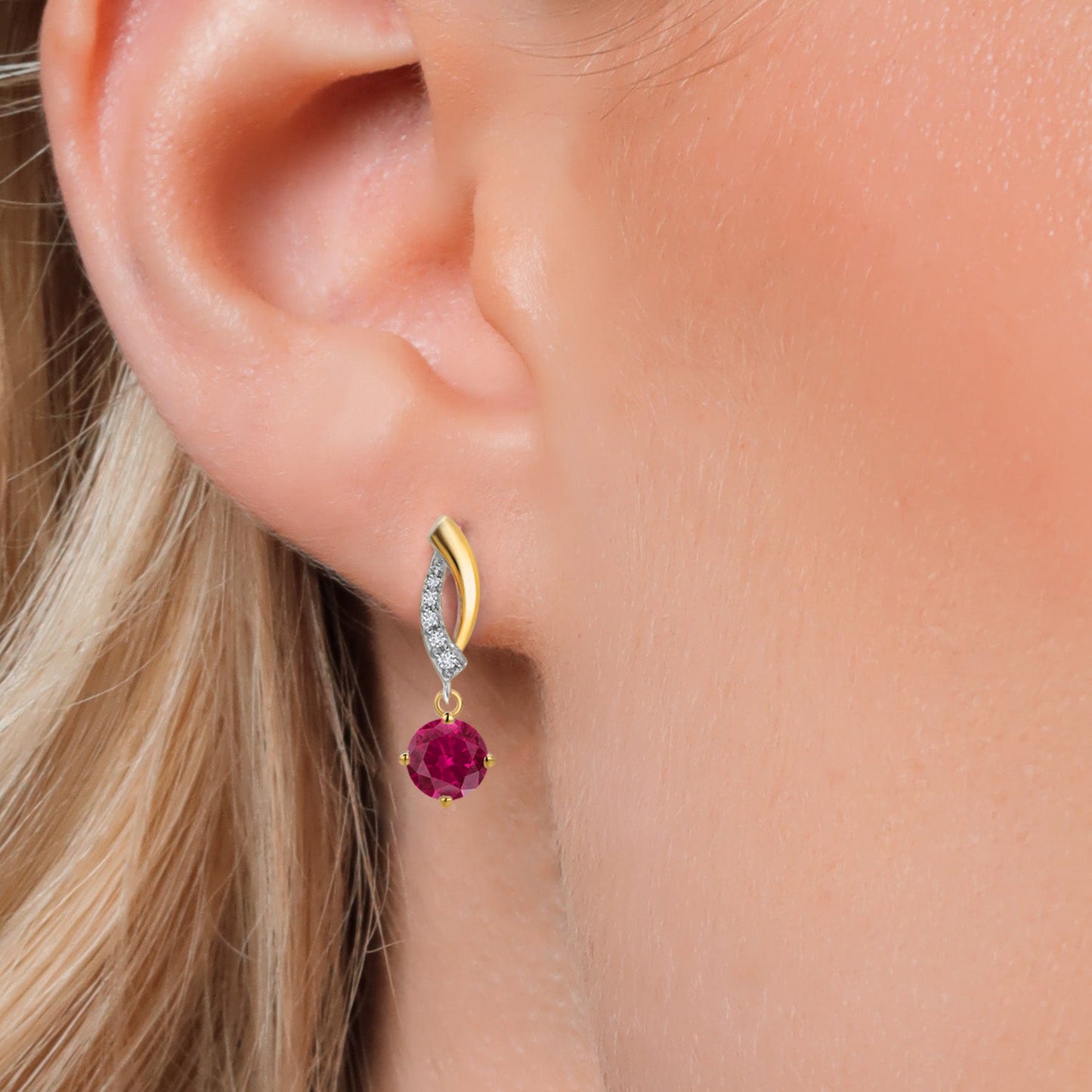 925 Silver and 10K Yellow Gold 4.5MM Round Gemstone Birthstone and White Lab Grown Diamond Dangle Earrings for Women