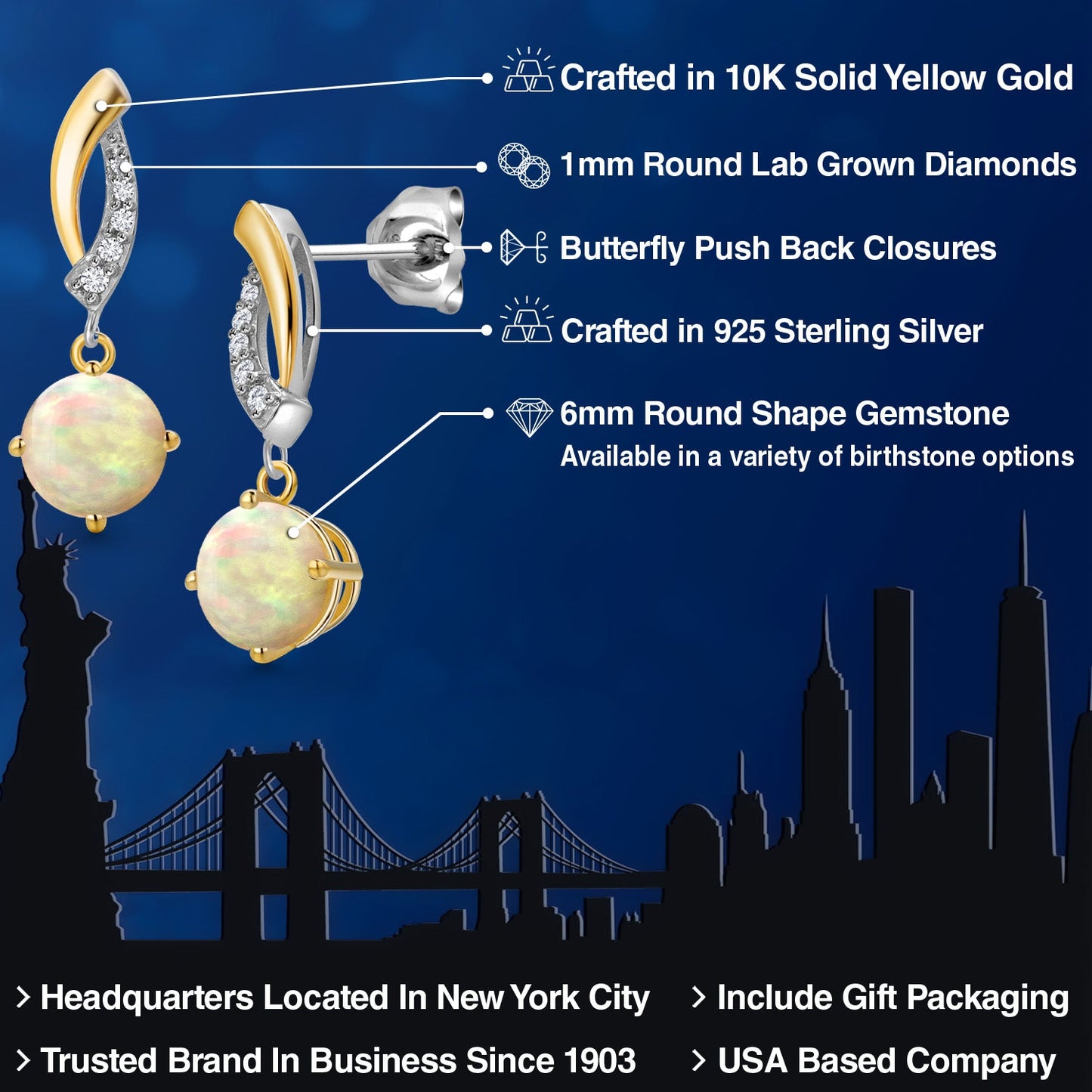 925 Silver and 10K Yellow Gold 6MM Round Gemstone Birthstone and White Lab Grown
Diamond Dangle Earrings for Women
