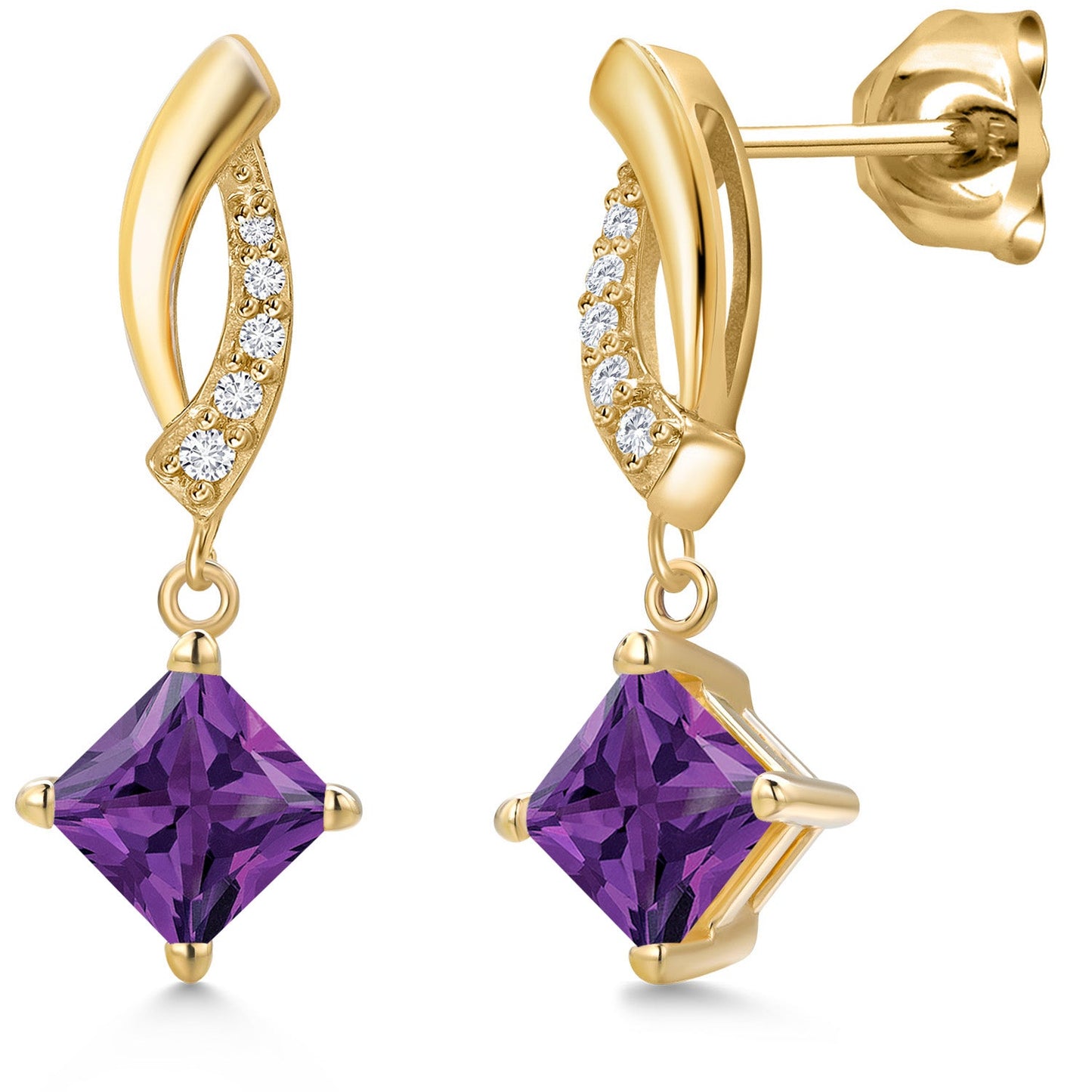 10K Yellow Gold 5MM Princess Gemstone Birthstone and White Lab Grown Diamond Infinity Dangle Earrings for Women | Gold Earrings For Women
