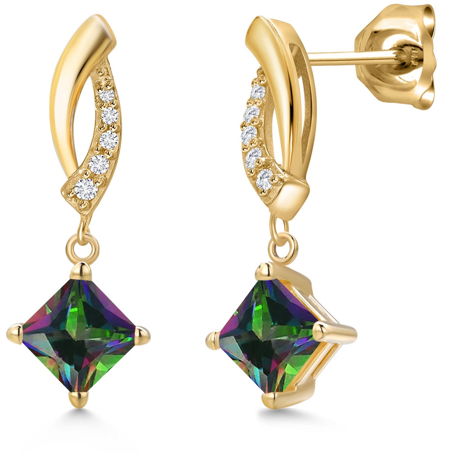 10K Yellow Gold 5MM Princess Gemstone Birthstone and White Lab Grown Diamond Infinity Dangle Earrings for Women | Gold Earrings For Women