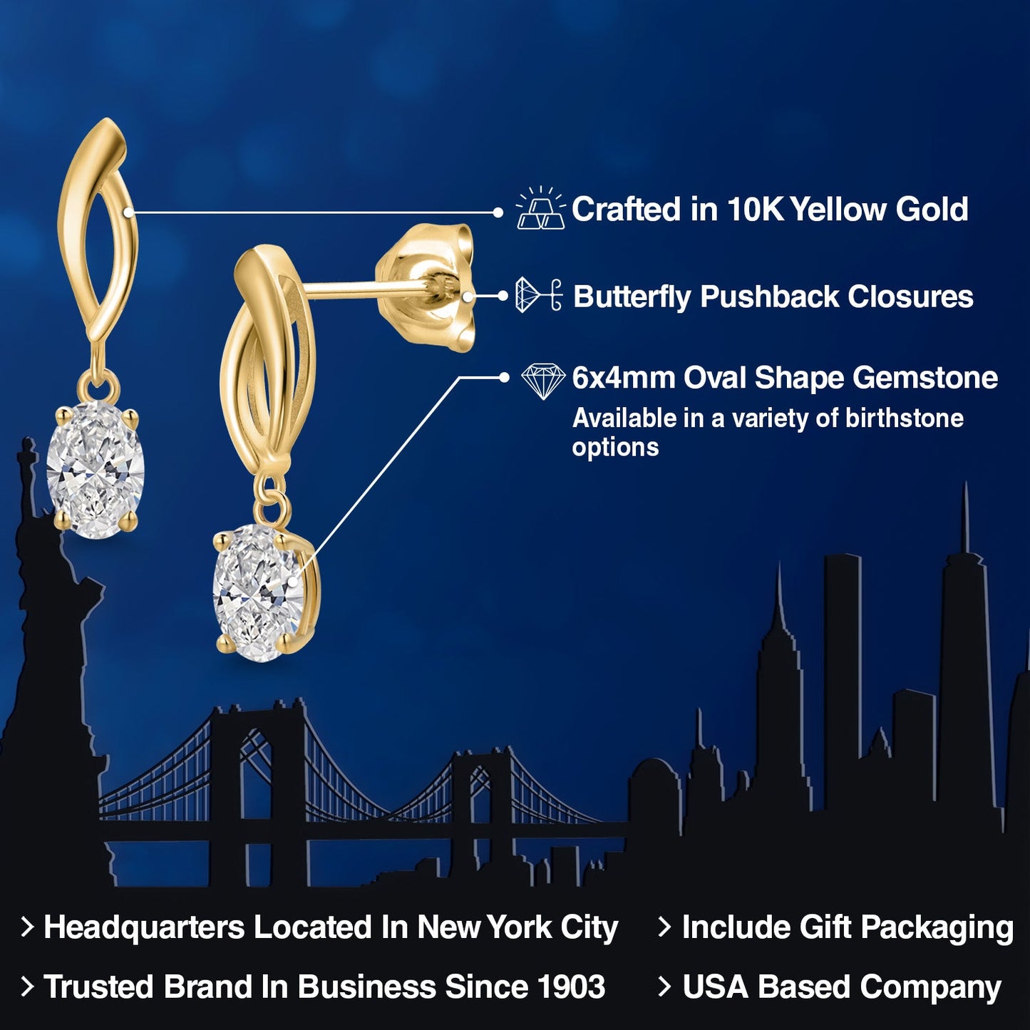 10K Yellow Gold 6X4MM Oval Cut Gemstone Birthstone Infinity Dangle Earrings For Women | Gold Earrings For Women