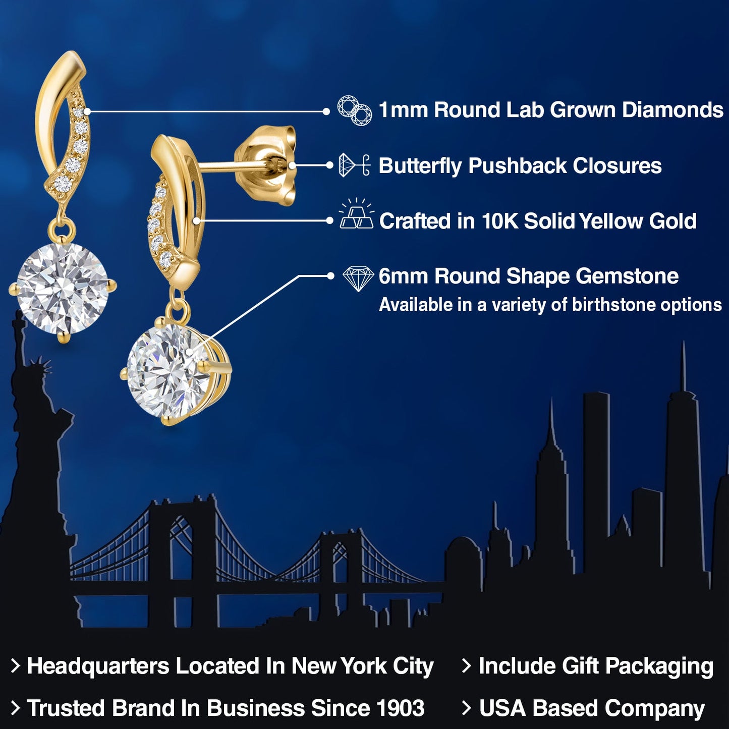 10K Yellow Gold 6MM Round Gemstone Birthstone and White Lab Grown Diamond Infinity Dangle Earrings For Women | Gold Earrings For Women