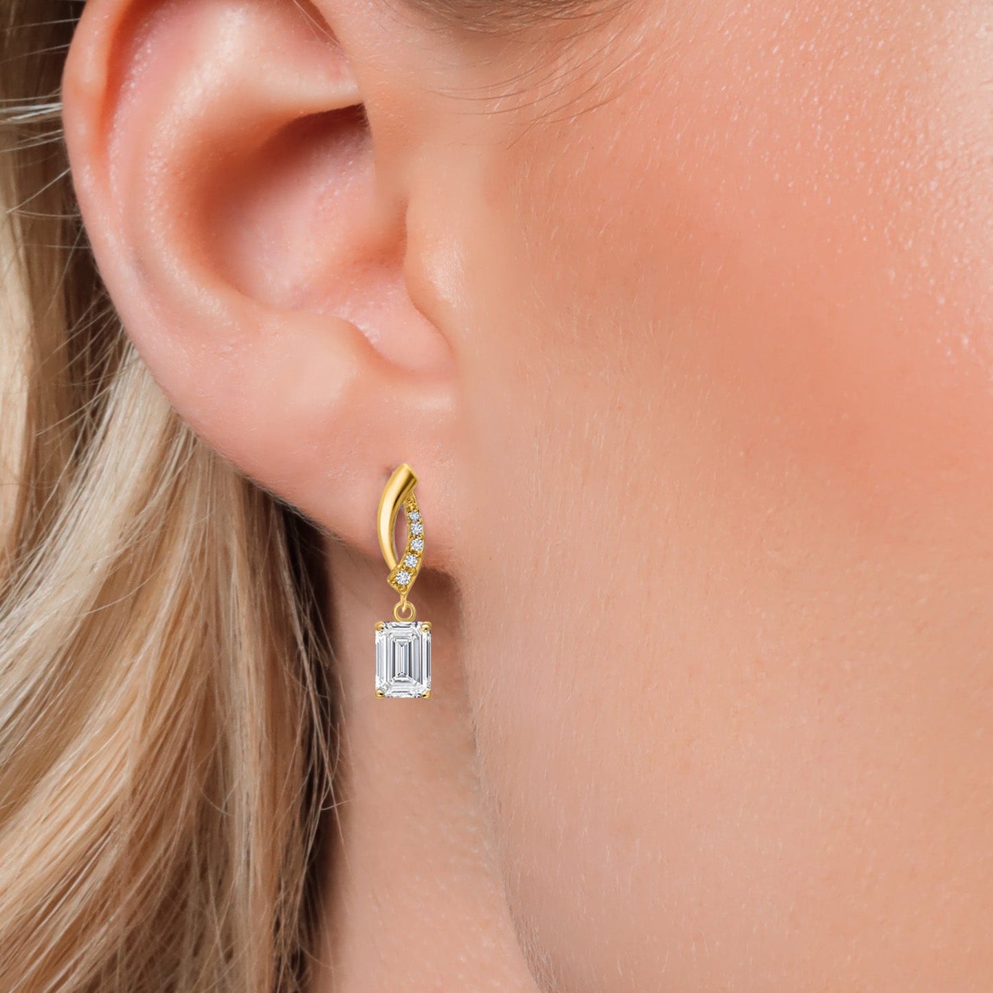 10K Yellow Gold 6X4MM Emerald Cut Gemstone Birthstone and White Lab Grown Diamond Infinity Dangle Earrings For Women | Gold Earrings For Women