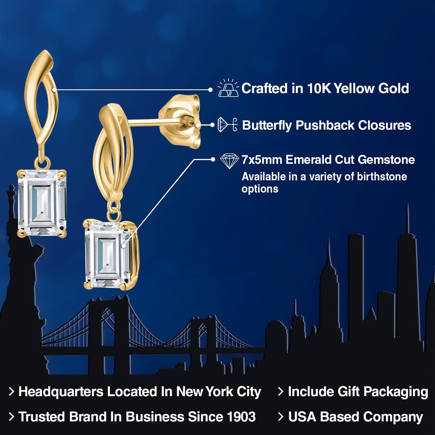 Infinity Dangle Earrings For Women | 10K Yellow Gold | 7X5MM Emerald Cut Gemstone Birthstone | Gold Earrings For Women