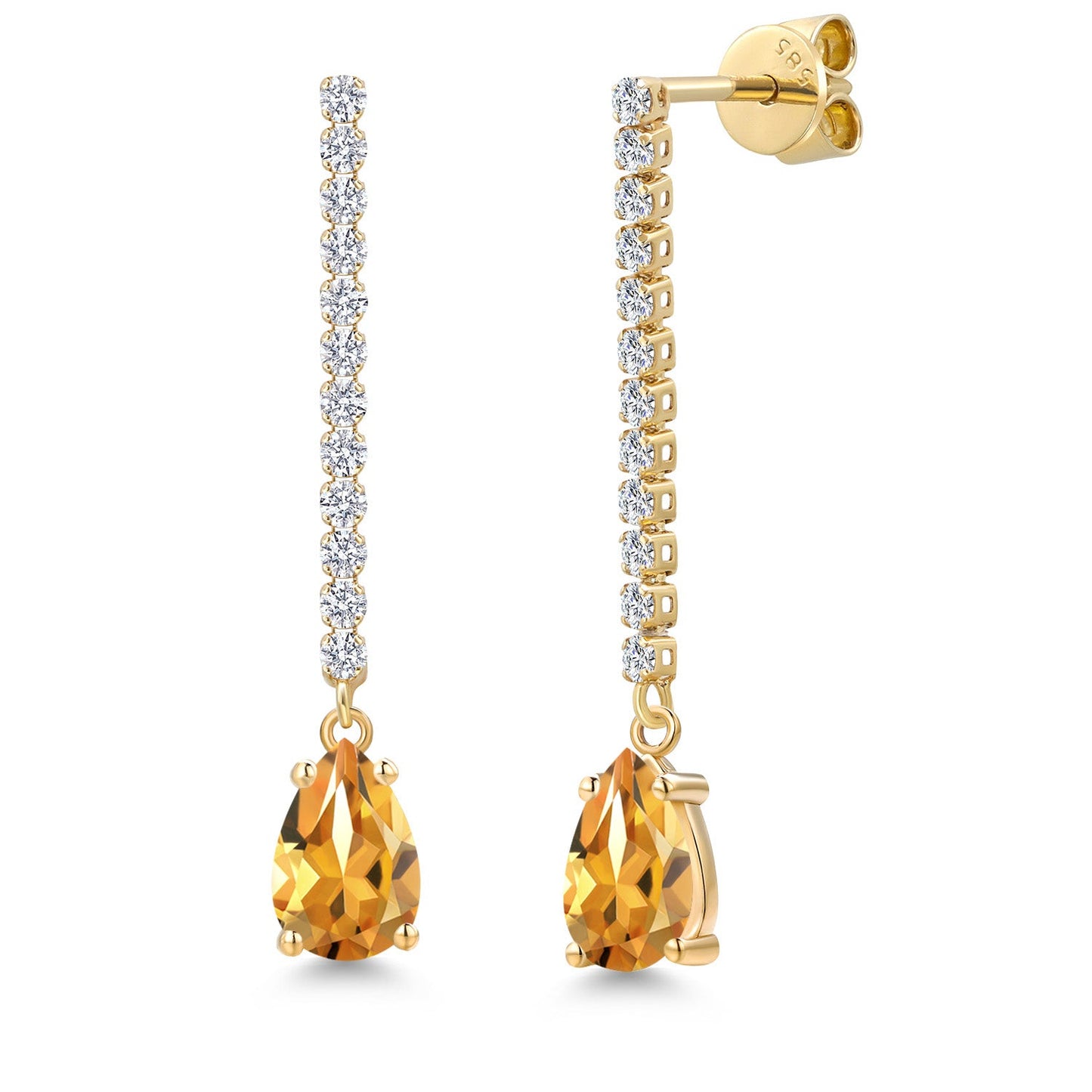 14K Yellow Gold Gemstone Birthstone and White Lab Grown Diamond Long Liner Dangle Earrings for Women | Pear Shape 8X5MM | Yellow Gold Chain Drop Earrings