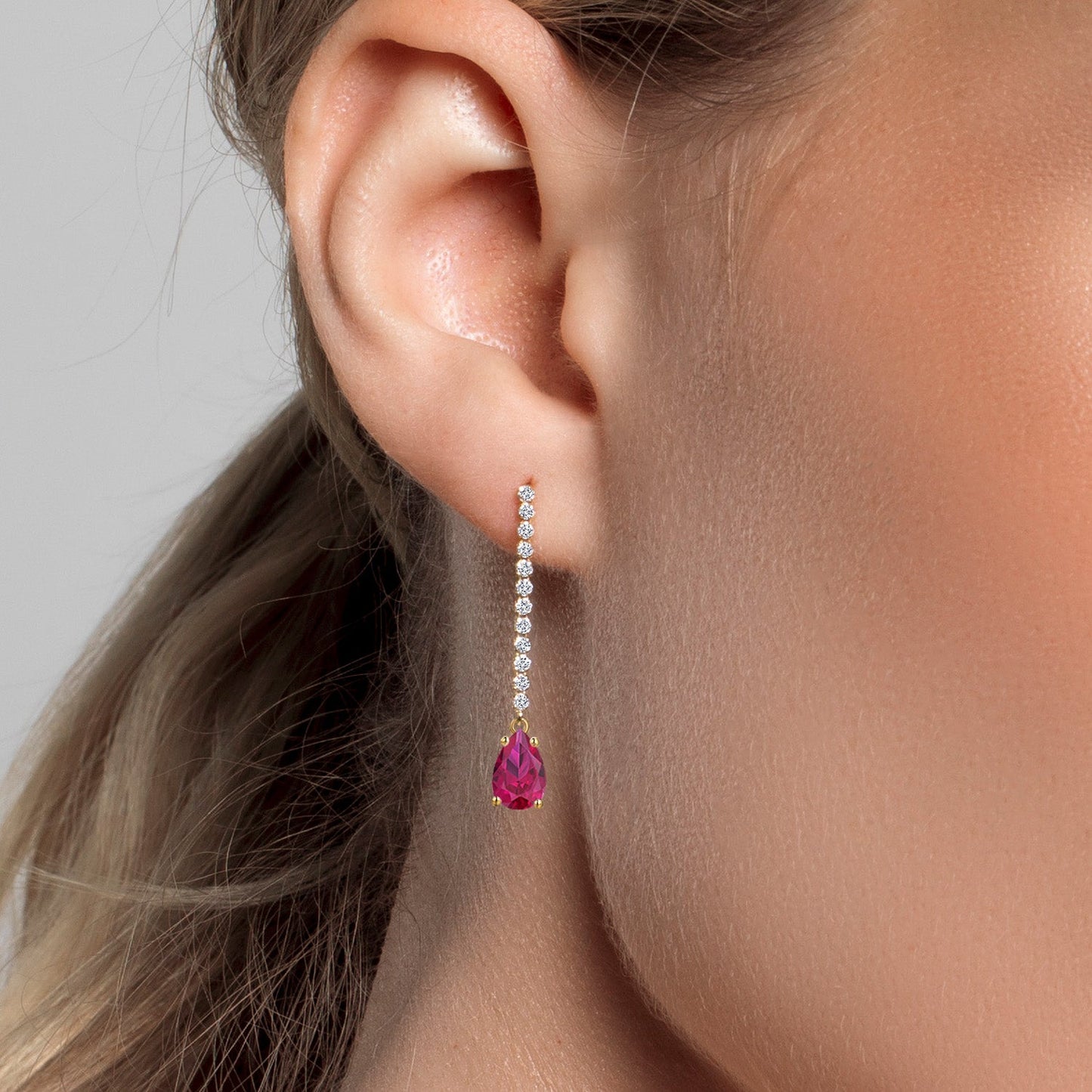 14K Yellow Gold Gemstone Birthstone and White Lab Grown Diamond Long Liner Dangle Earrings for Women | Pear Shape 8X5MM | Yellow Gold Chain Drop Earrings