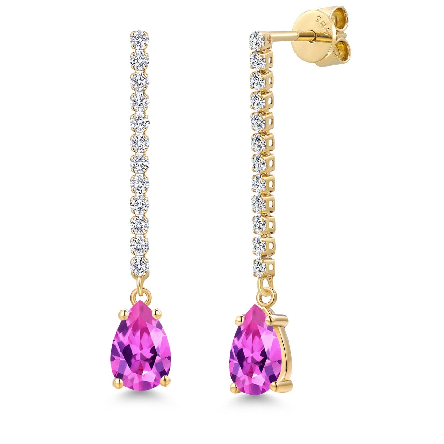 14K Yellow Gold Gemstone Birthstone and White Lab Grown Diamond Long Liner Dangle Earrings for Women | Pear Shape 8X5MM | Yellow Gold Chain Drop Earrings