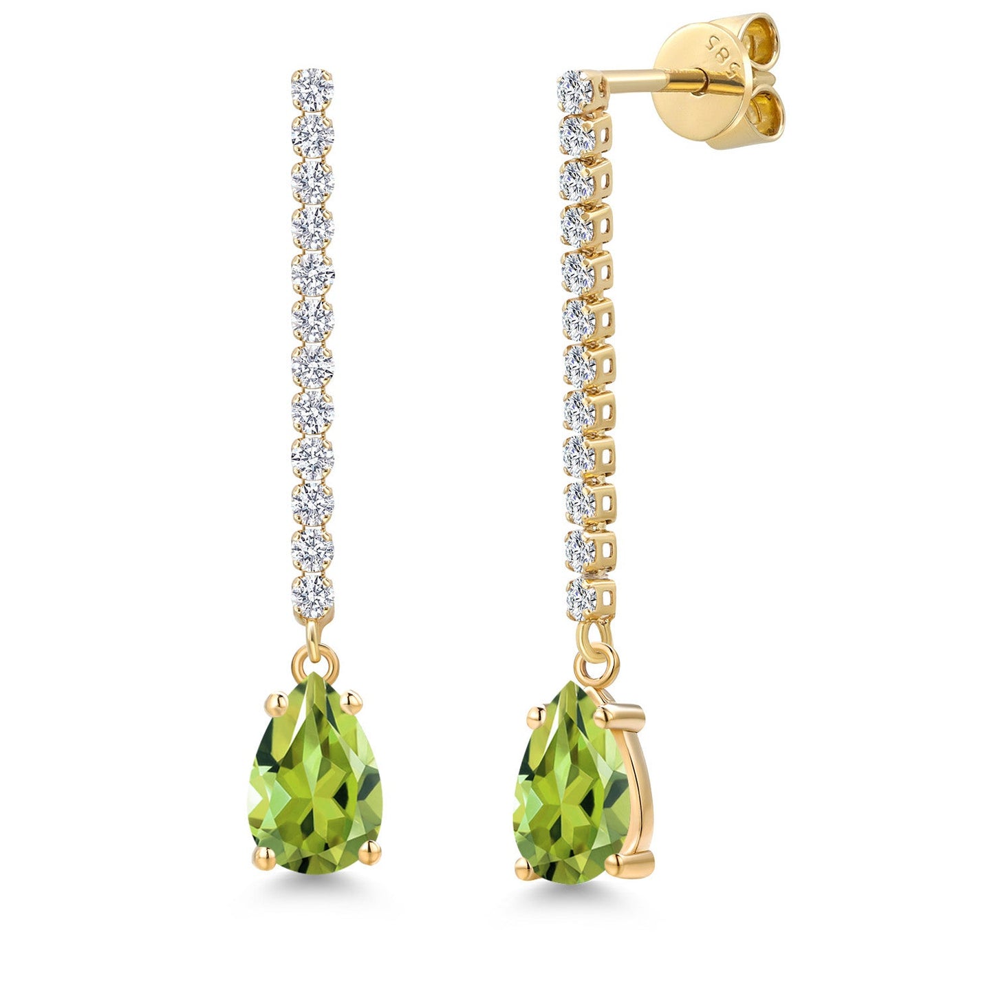 14K Yellow Gold Gemstone Birthstone and White Lab Grown Diamond Long Liner Dangle Earrings for Women | Pear Shape 8X5MM | Yellow Gold Chain Drop Earrings