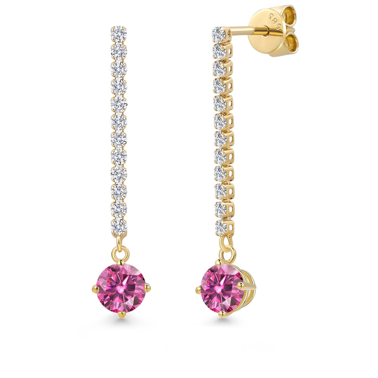 14K Yellow Gold Gemstone Birthstone and White Lab Grown Diamond Long Liner Dangle Earrings for Women | Round 5MM | Yellow Gold Chain Drop Earrings