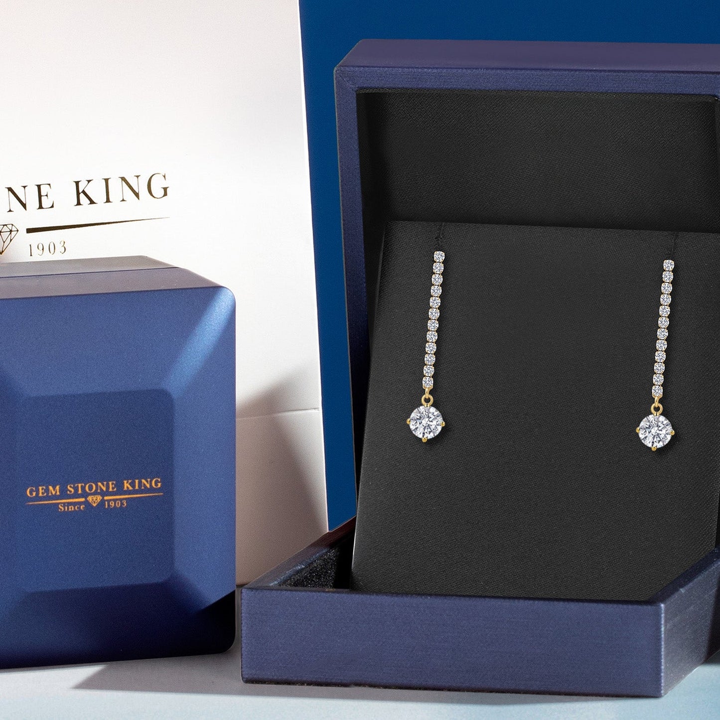 14K Yellow Gold Gemstone Birthstone and White Lab Grown Diamond Long Liner Dangle Earrings for Women | Round 5MM | Yellow Gold Chain Drop Earrings