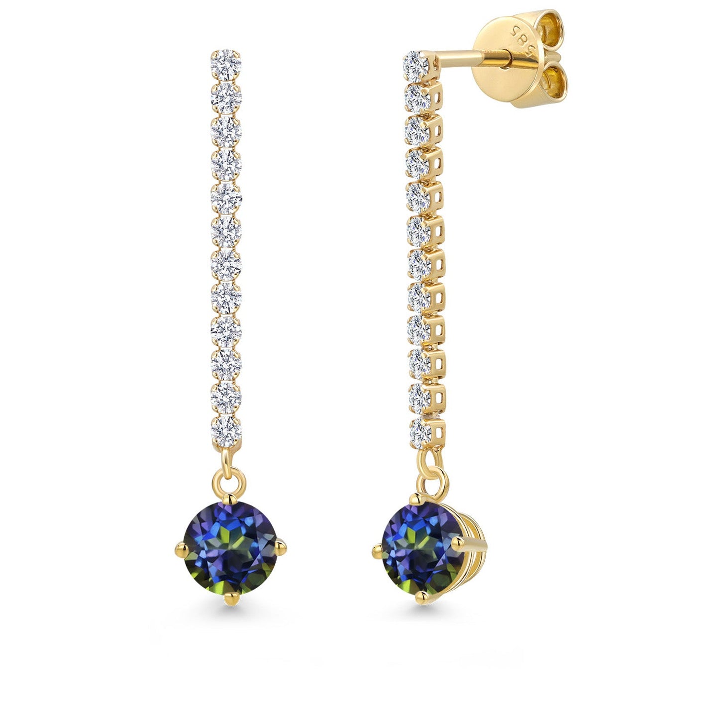 14K Yellow Gold Gemstone Birthstone and White Lab Grown Diamond Long Liner Dangle Earrings for Women | Round 5MM | Yellow Gold Chain Drop Earrings