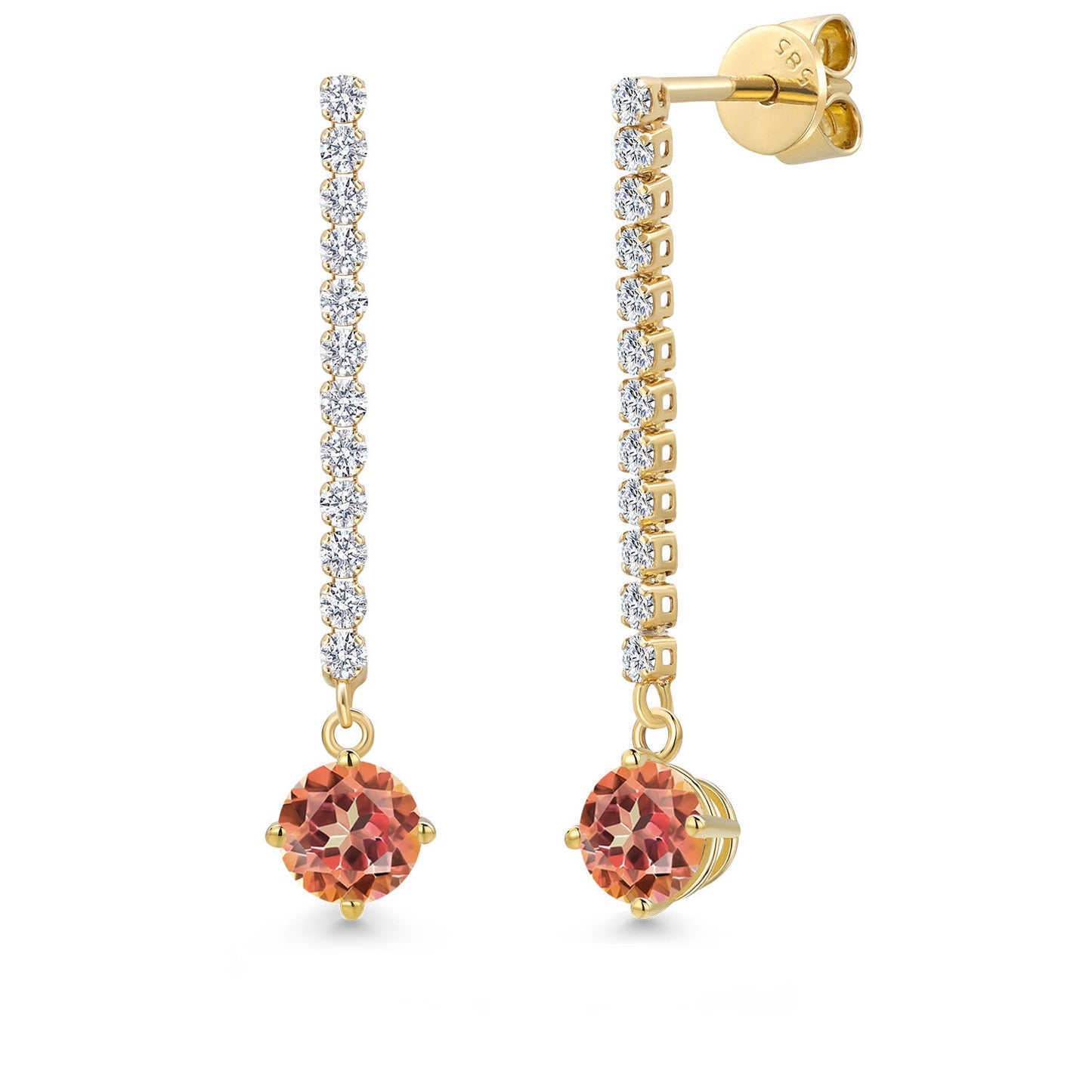 14K Yellow Gold Gemstone Birthstone and White Lab Grown Diamond Long Liner Dangle Earrings for Women | Round 5MM | Yellow Gold Chain Drop Earrings