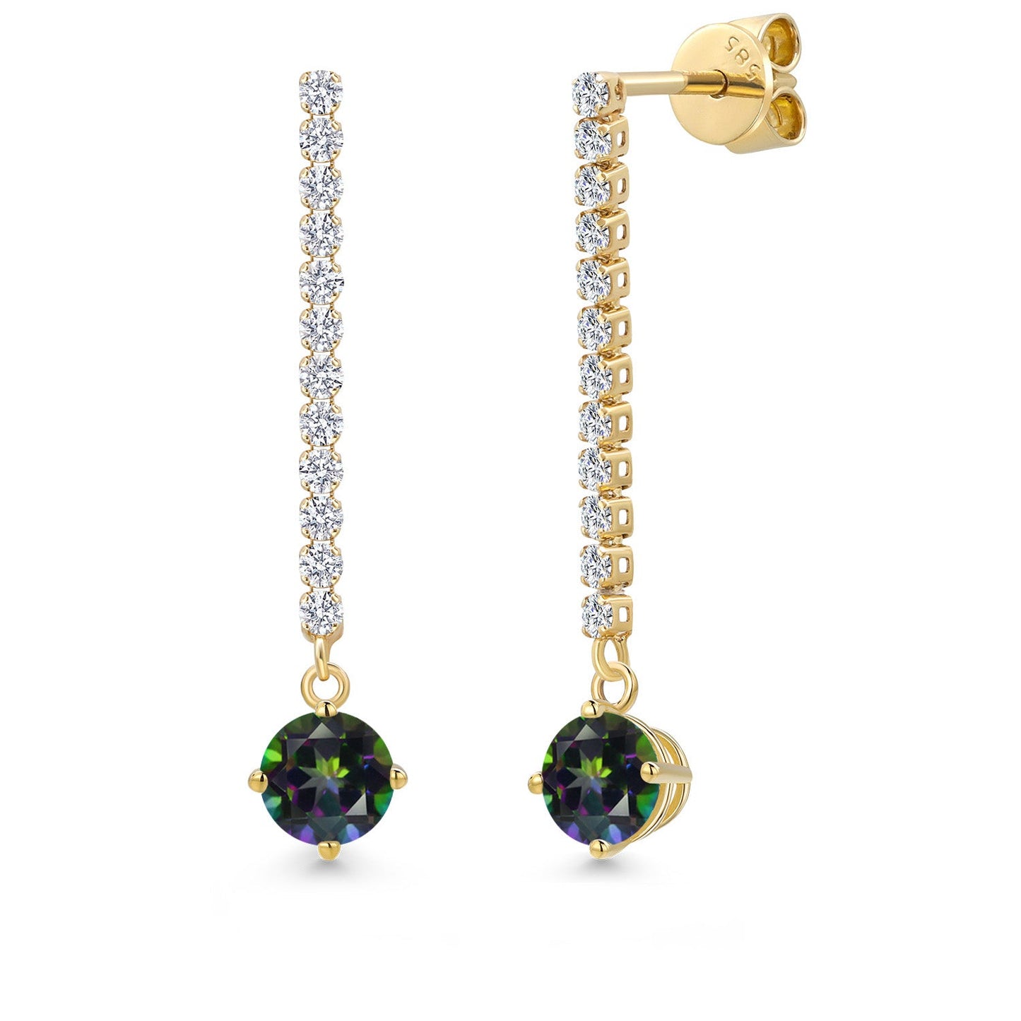 14K Yellow Gold Gemstone Birthstone and White Lab Grown Diamond Long Liner Dangle Earrings for Women | Round 5MM | Yellow Gold Chain Drop Earrings
