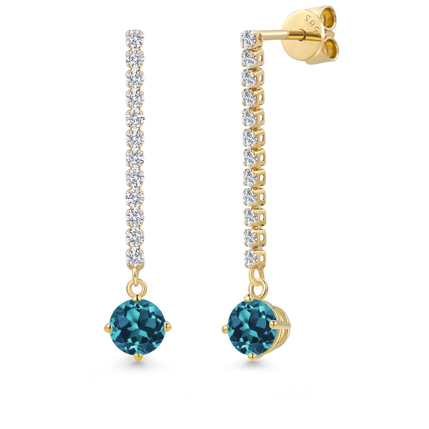 14K Yellow Gold Gemstone Birthstone and White Lab Grown Diamond Long Liner Dangle Earrings for Women | Round 5MM | Yellow Gold Chain Drop Earrings