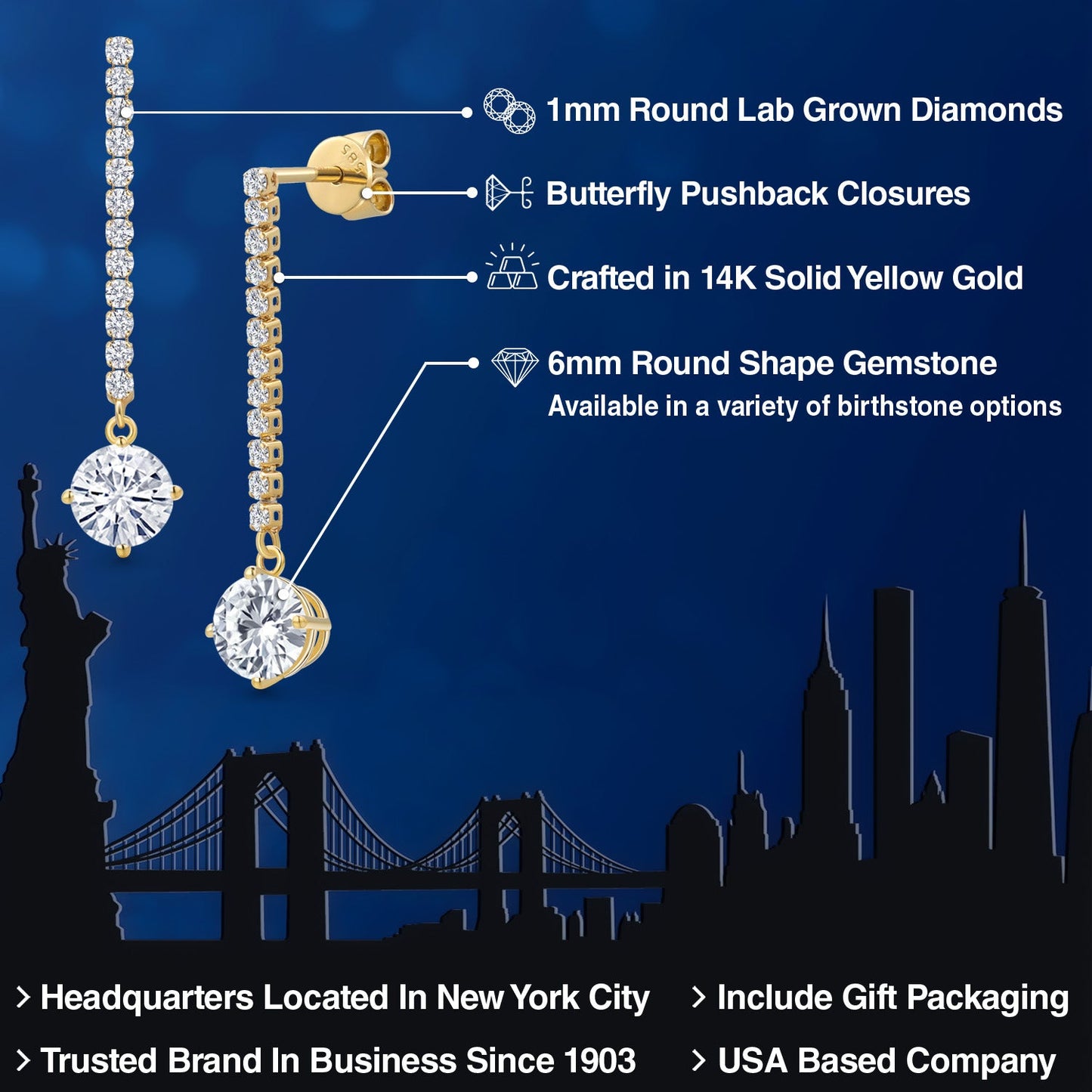 14K Yellow Gold Forever Classic Moissanite and E - F Lab Grown Diamond Dangle Earrings for Women | 1.96 Cttw | Gemstone Birthstone | Round 6MM