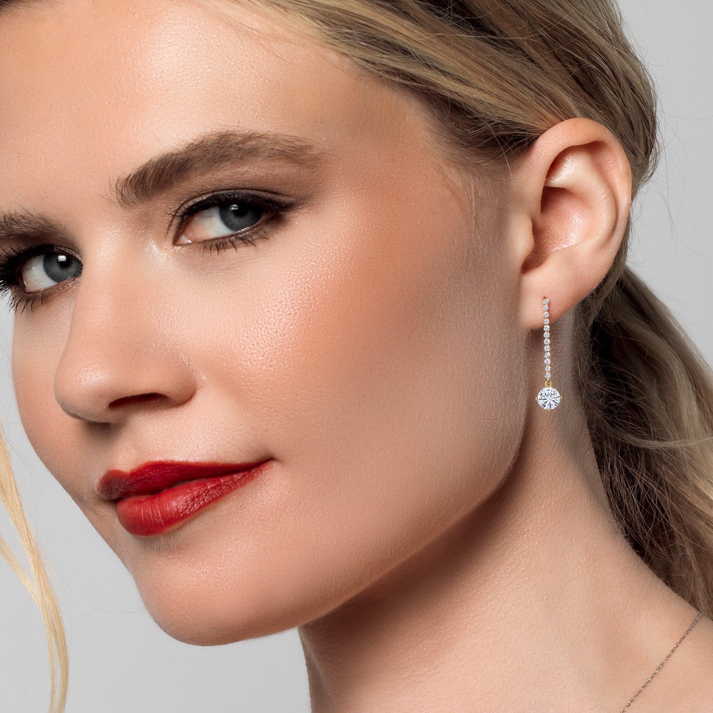 14K Yellow Gold Forever Classic Moissanite and E - F Lab Grown Diamond Dangle Earrings for Women | 1.96 Cttw | Gemstone Birthstone | Round 6MM