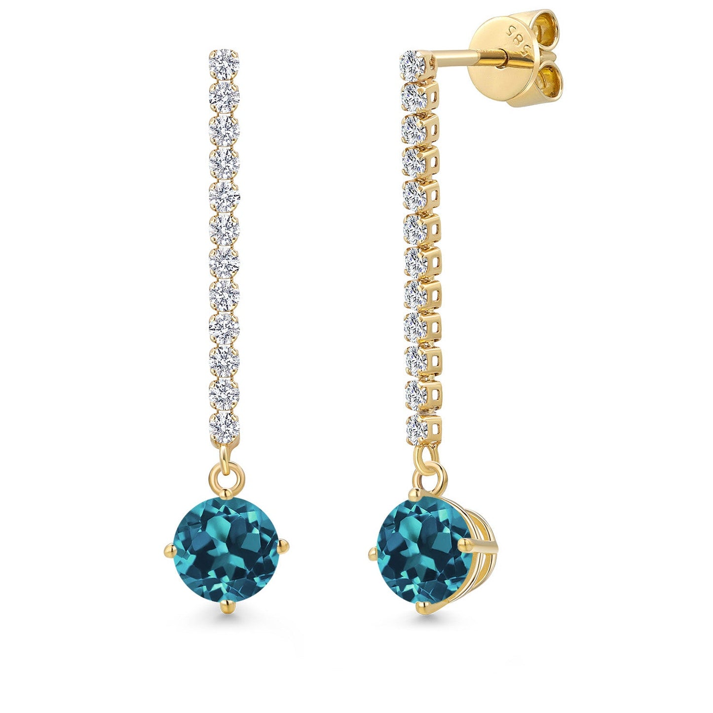 14K Yellow Gold Gemstone Birthstone and Lab Grown Diamond Long Liner Dangle Earrings for Women | Round 6.5MM | Yellow Gold Chain Drop Earrings