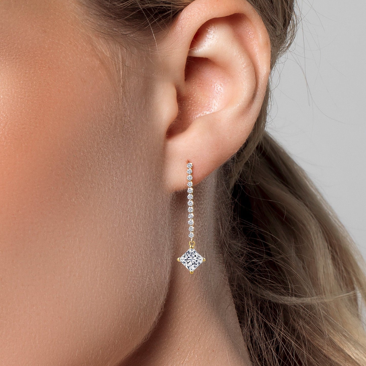 2.36 Cttw IGI Certified Lab Grown Diamond Dangle Earrings For Women in 14K Yellow Gold | 1 Ct each Princess Cut | VS1 Clarity | E-F Color