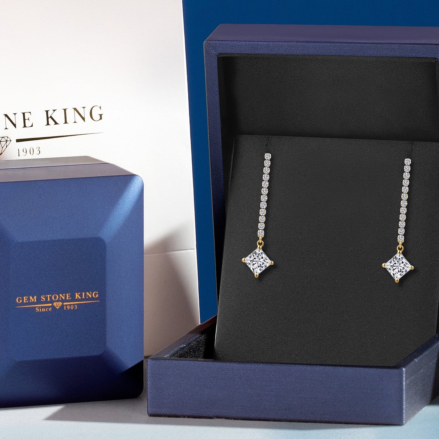 2.36 Cttw IGI Certified Lab Grown Diamond Dangle Earrings For Women in 14K Yellow Gold | 1 Ct each Princess Cut | VS1 Clarity | E-F Color