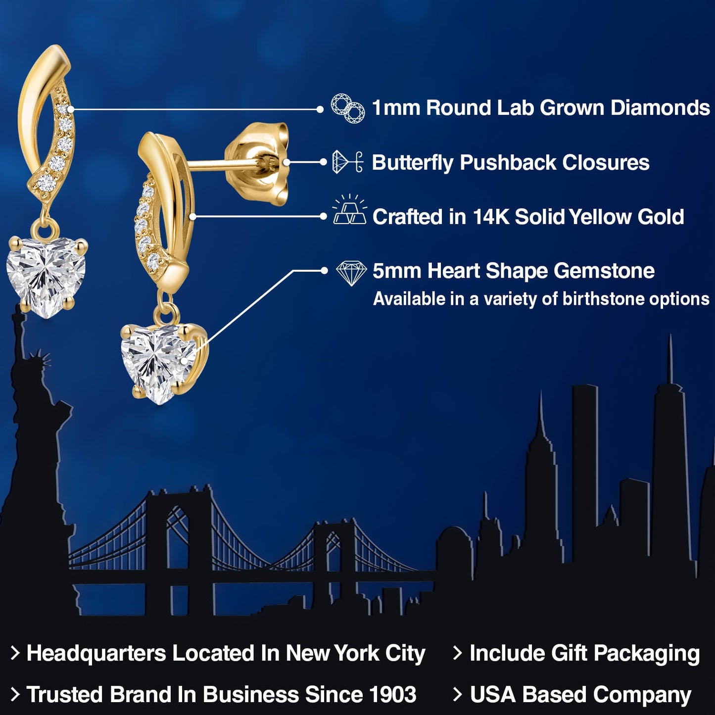 14K Yellow Gold Gemstone Birthstone and Lab Grown Diamond Dangle Earrings for Women | Heart Shape 5MM and Round 1MM | Fine Jewelry Gifts for Her Mom Women Wife