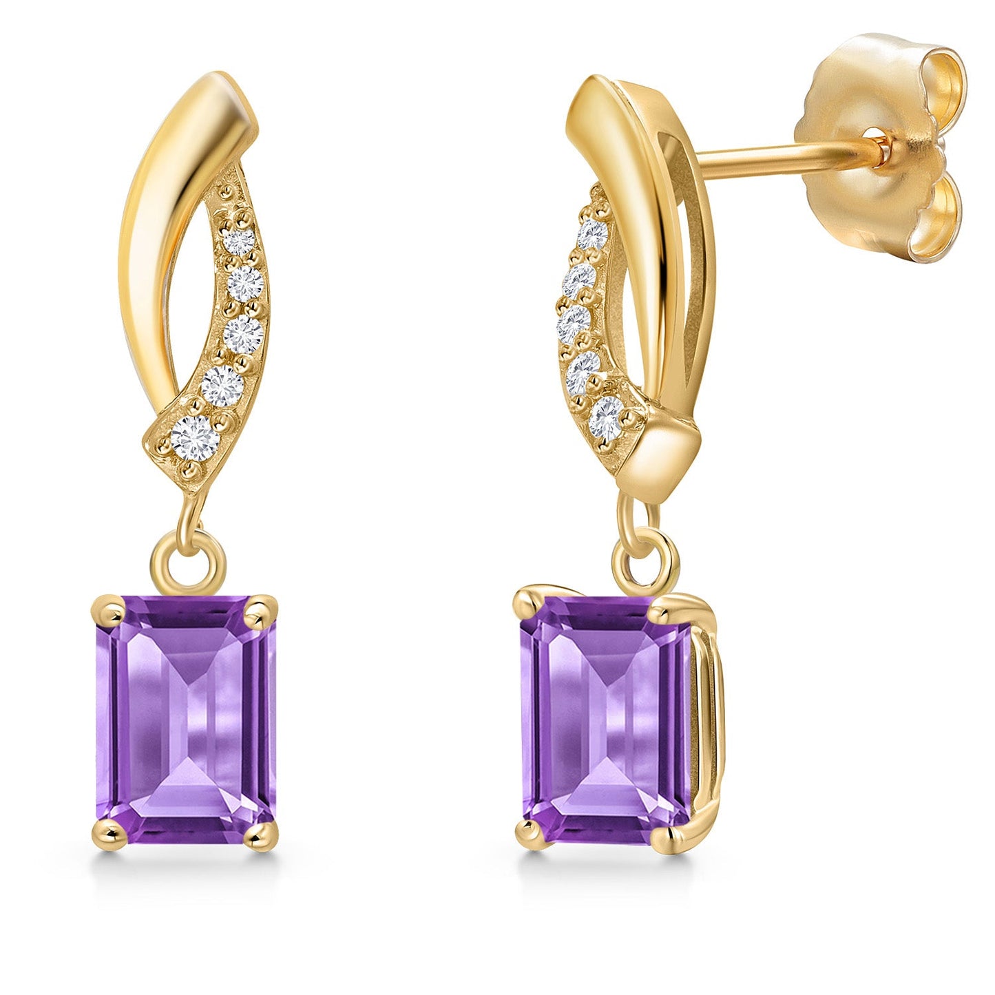 14K Yellow Gold Gemstone Birthstone and Lab Grown Diamond Dangle Earrings for Women | Emerald Cut 6X4MM and Round 1MM | Fine Jewelry Gifts for Her Mom Women Wife